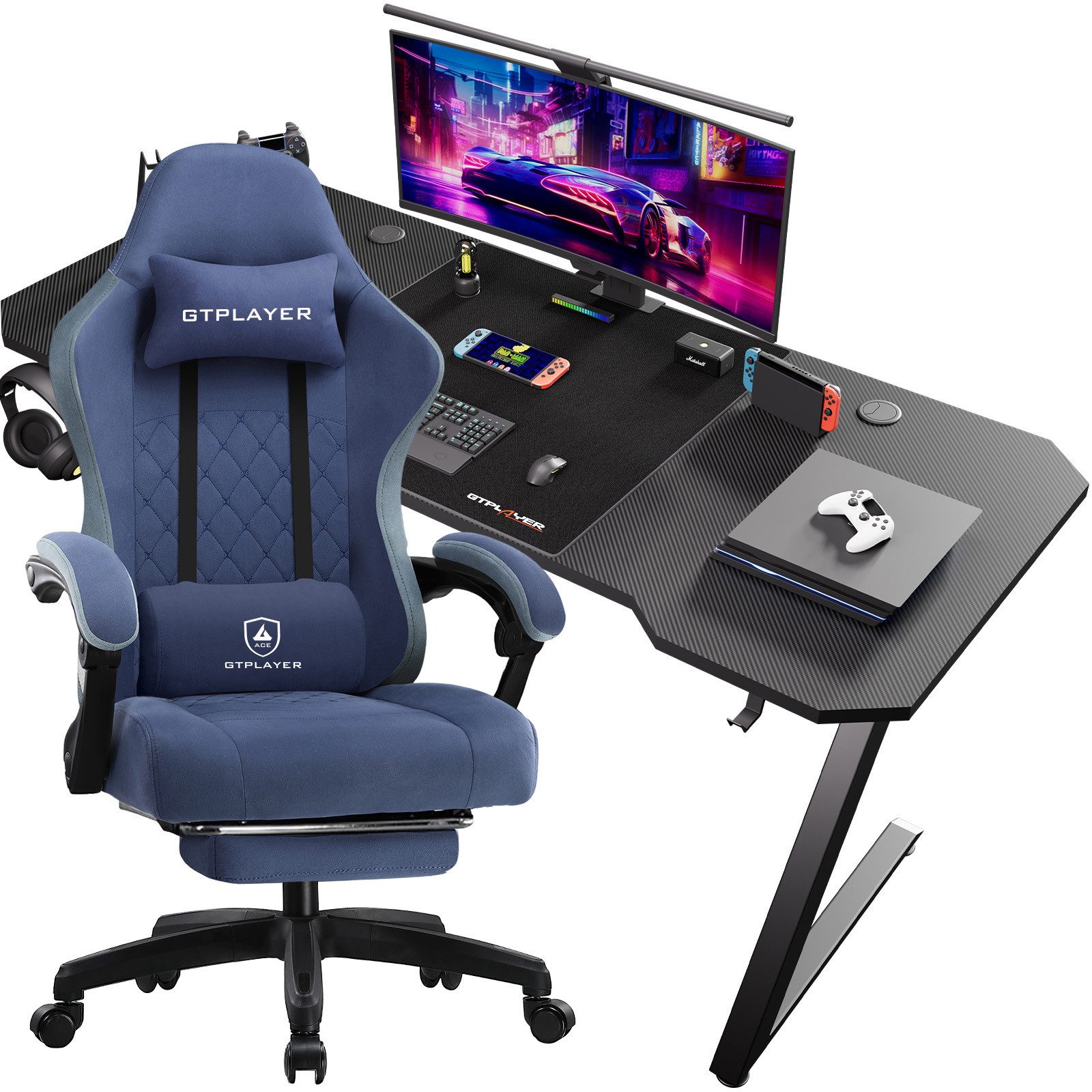 GTPLAYER Gaming-Stuhl Ergonomischer Gaming Sessel Schreibtischstuhl aus Stoff/Kunstleder (Pacekung), Federsitzkissen mit Fußstütze