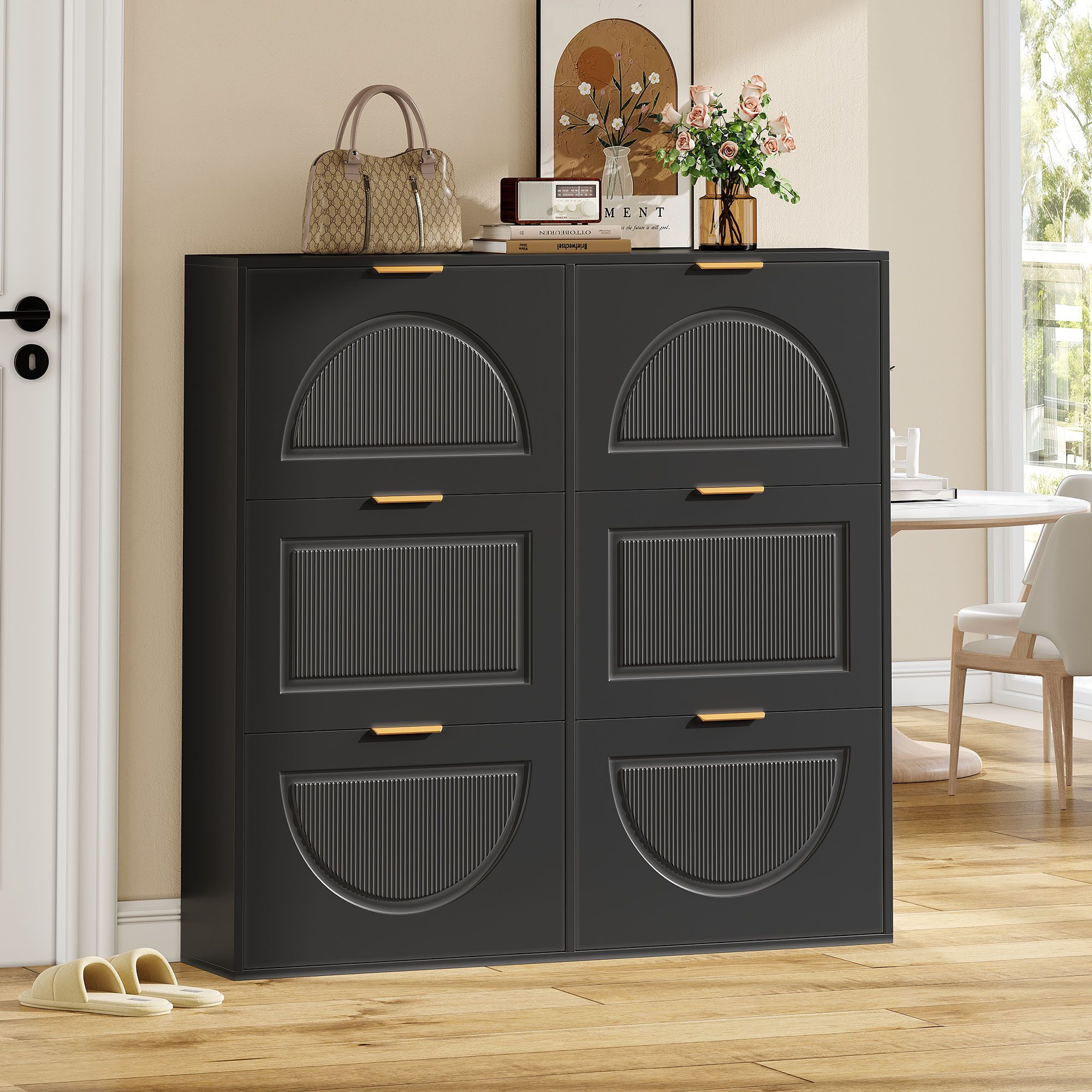 Flieks Schuhschrank (B118/T25/H115 cm, 1-St., ca 24 Paar Schuhe) Schuhregal mit 6 Klappen Schuhkipper Schuhkommode Schwarz