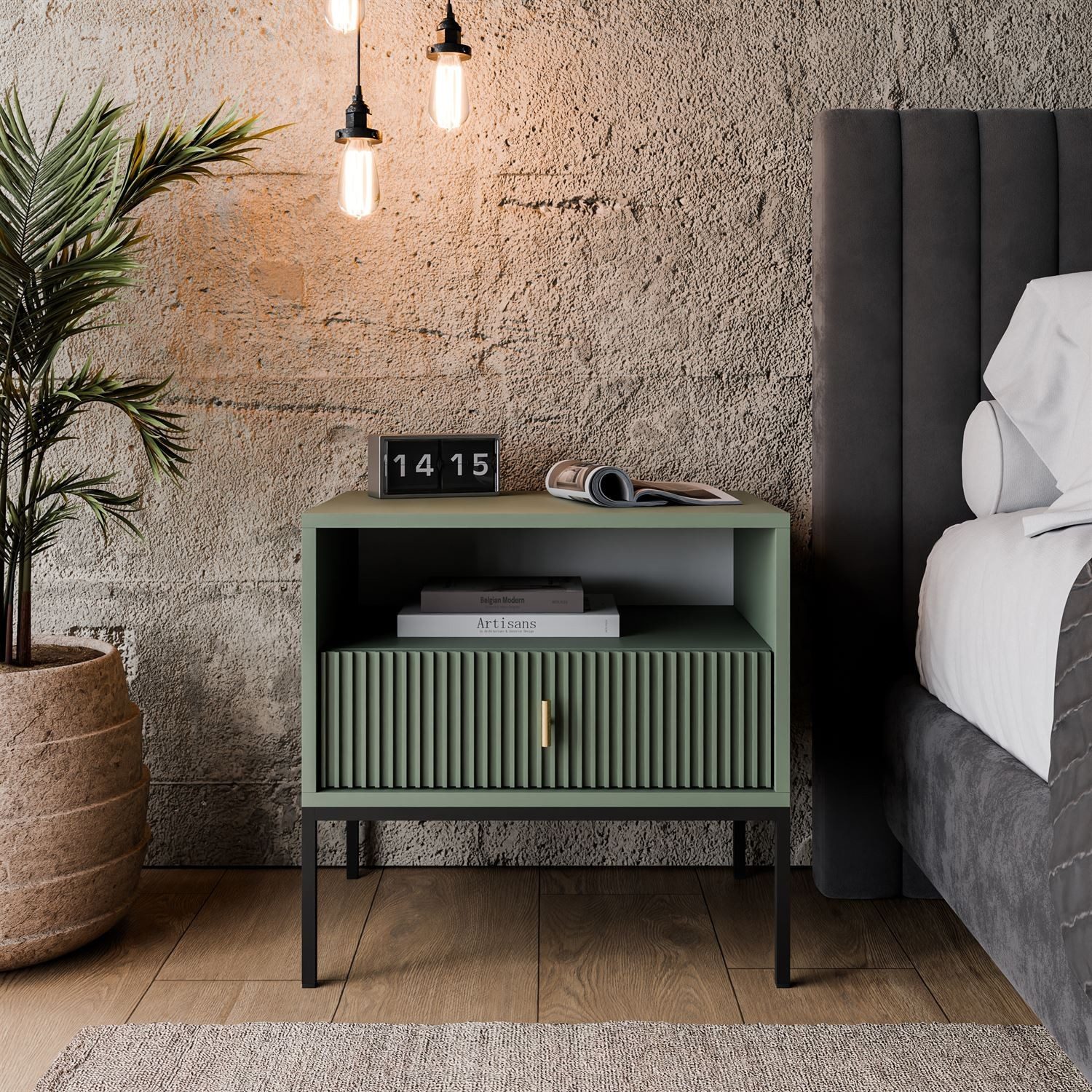 Lookway Nachttisch MIDNIGHT mit geriffelter Front auf Gestell, Breite 54 cm