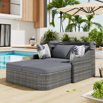 FUROKOY Gartenlounge-Set Sonneninsel Garten, Pool Doppel-Lounge mit verstellbarem Baldachin, (Loungebett mit Eisenrahmen mit 4 Kissen und abnehmbarem Kissenbezug), Allwetter-Terrassen-Sonnenliege aus Korbgeflecht