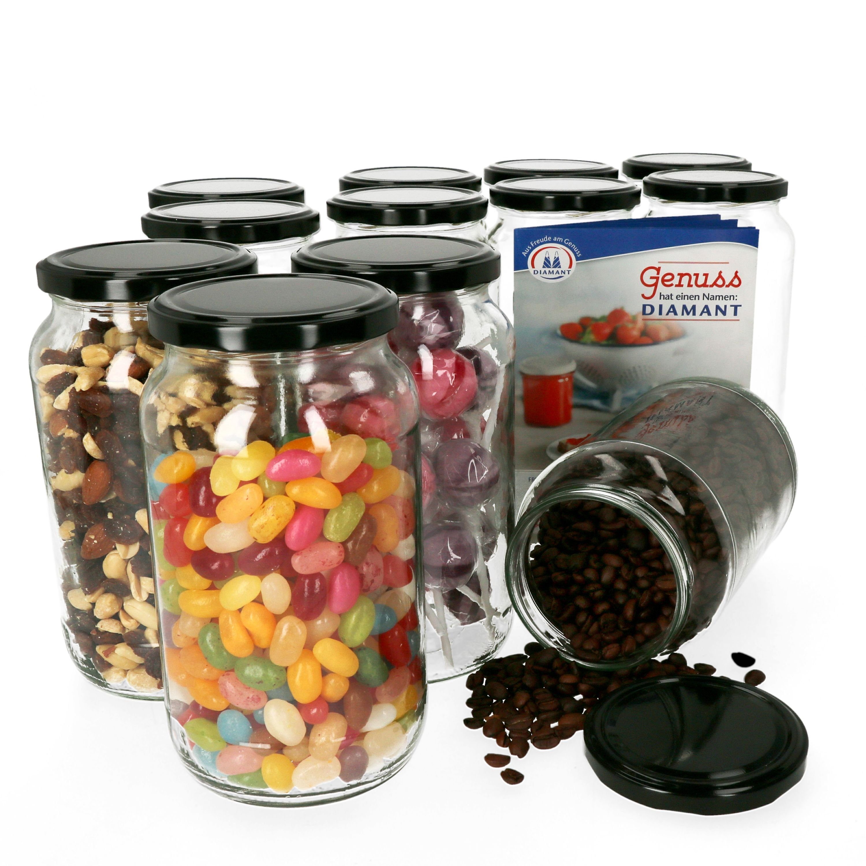 MamboCat Einmachglas 12er Set Rundglas 1062 ml To 82 Schwarzer Deckel incl. Rezeptheft, Glas