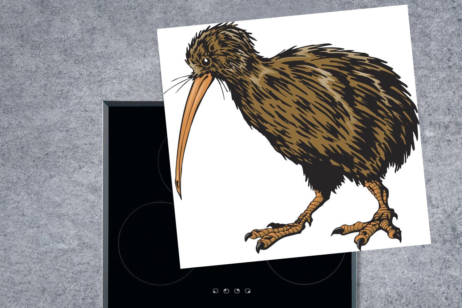 braunen tlg), (1 Illustration küche eines MuchoWow Vinyl, 78x78 für Ceranfeldabdeckung, cm, Herdblende-/Abdeckplatte Kiwi-Vogels, Arbeitsplatte