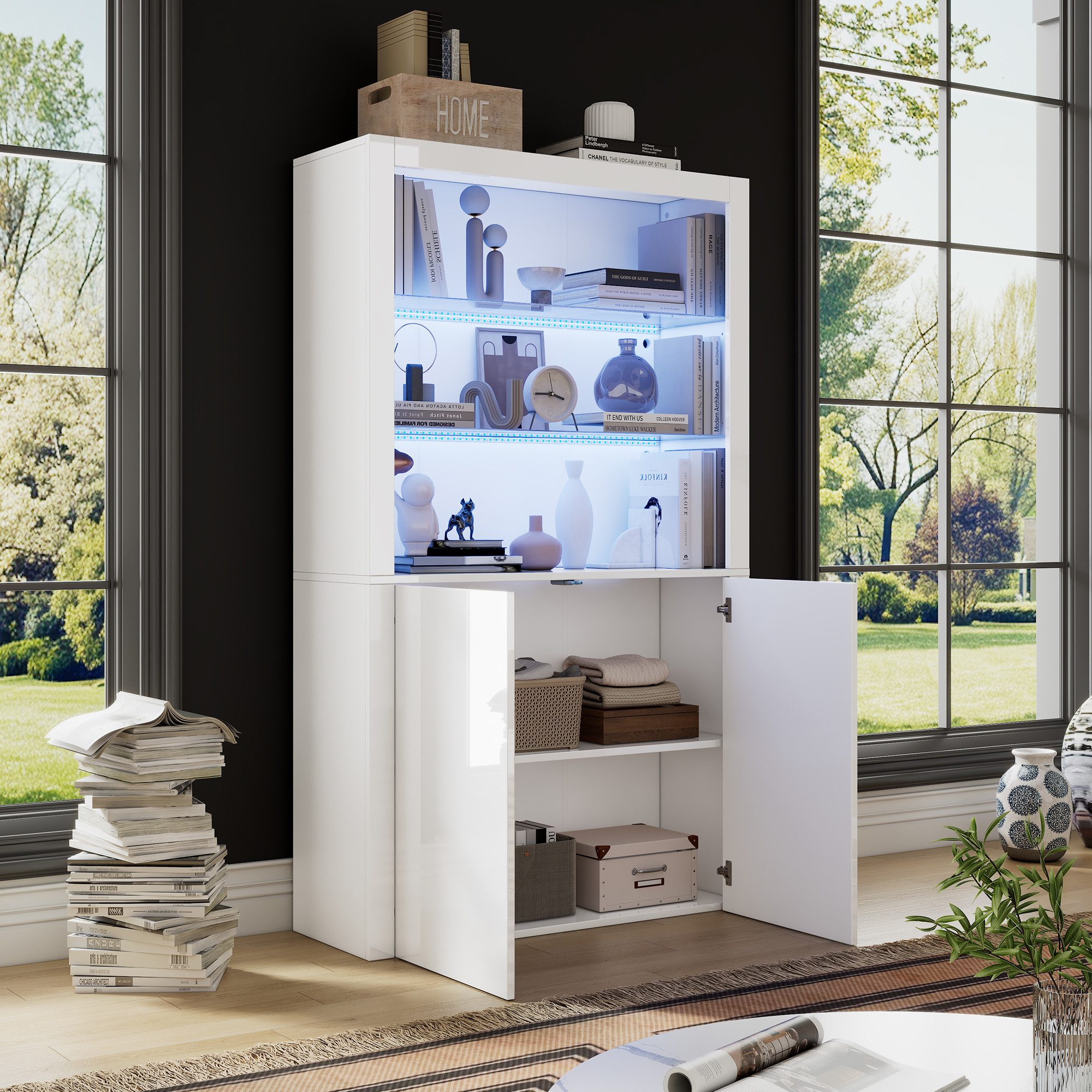 STILVORA Vitrine vitrinenschrank mit LED,Hochglanz-Sideboard Highboard mit Stauraum (Sideboard, Wohnzimmerschrank, Organizer, 1-St., Displayschicht aus gehärtetem Glas) mit LED-Leuchten