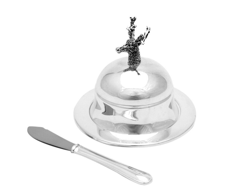 Brillibrum Butterdose Butterdosen Set Butterglocke Metall versilber Butterschale Hirsch