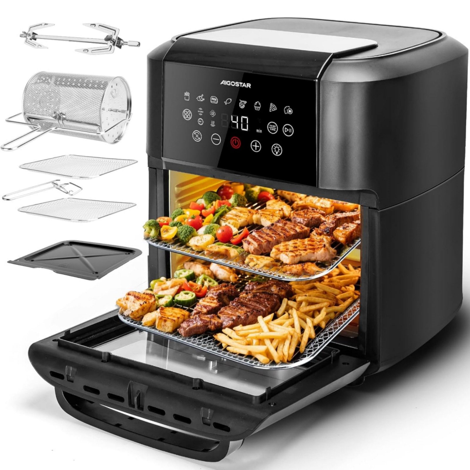 Aigostar Heißluftfritteuse 12L, 8 Modi, Inklusive 6 Zubehörteile, LED-Touchscreen, BPA-frei, 1700,00 W, 8 vorkonfigurierte Modi, Inklusive 6 Zubehörteile