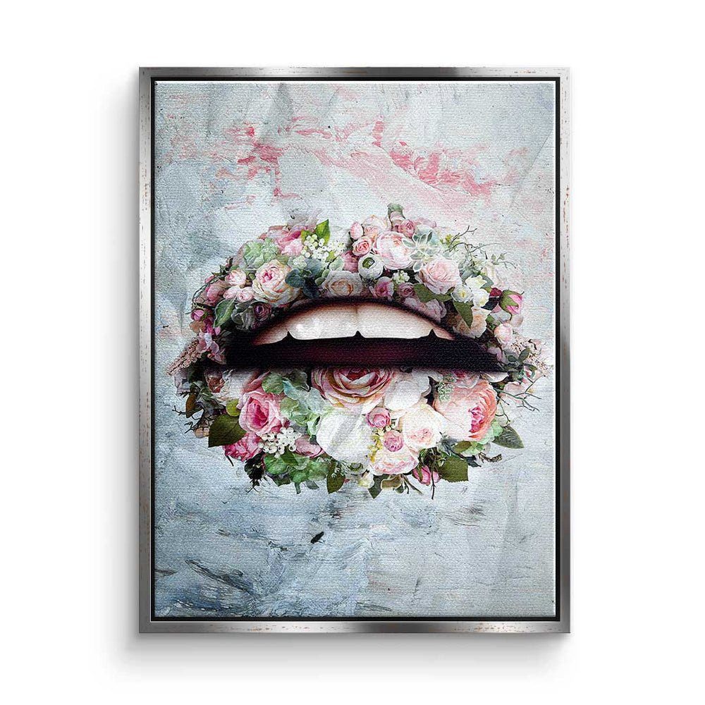 DOTCOMCANVAS® Leinwandbild, Premium Leinwandbild - Pop Art - Lips & Flowers - modernes Wandbild silberner Rahmen