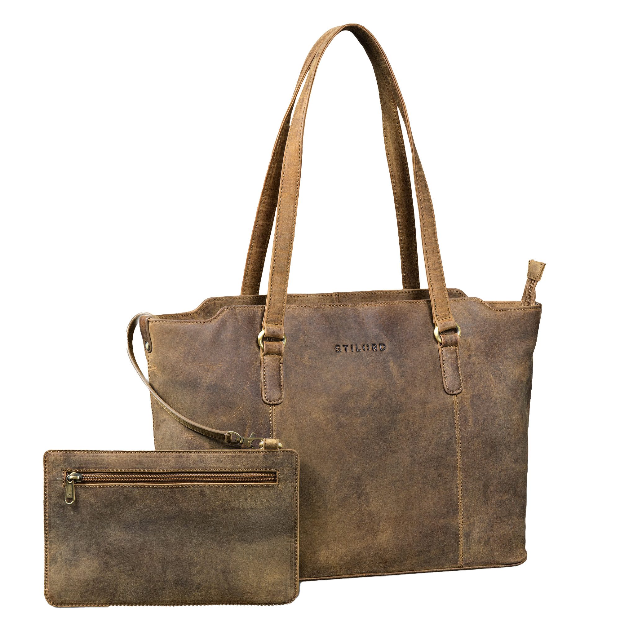 STILORD Laptoptasche "Livia" Leder Shopper Tasche Damen Groß 2-teiliges Set mit Clutch