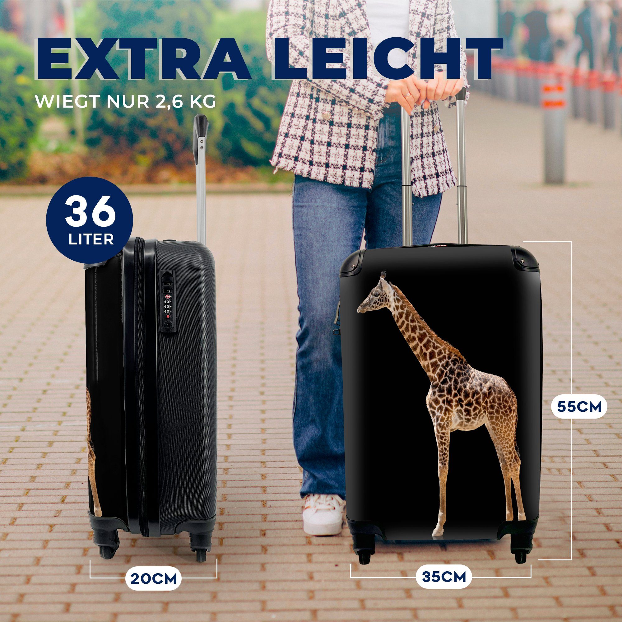 Seitenansicht Rollen, für Handgepäckkoffer MuchoWow Handgepäck Reisetasche schwarzen rollen, Ferien, Reisekoffer vor 4 Giraffe einem Trolley, einer mit Hintergrund,