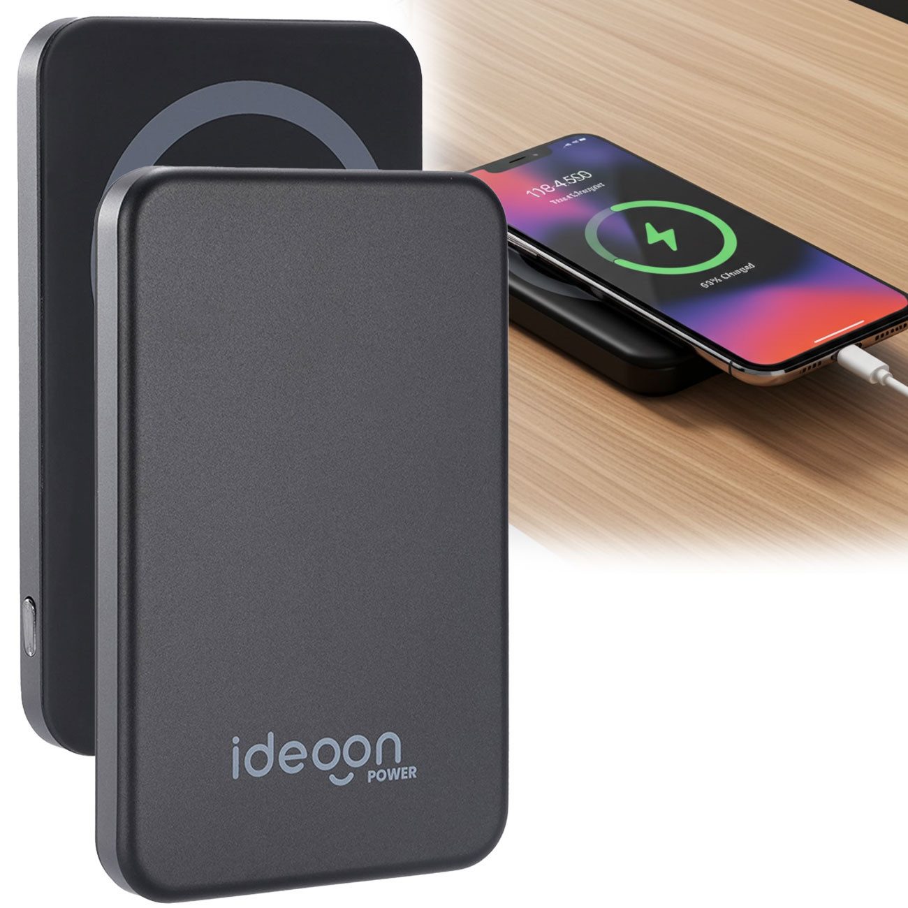 shop'n smile ideoon MagSafe Powerbank 5000 mAh, - Hochwertige kompakte Wireless Powerbank Smartphone-Ladegerät (Schnelles Laden Quick Charge für iPhone & Android)
