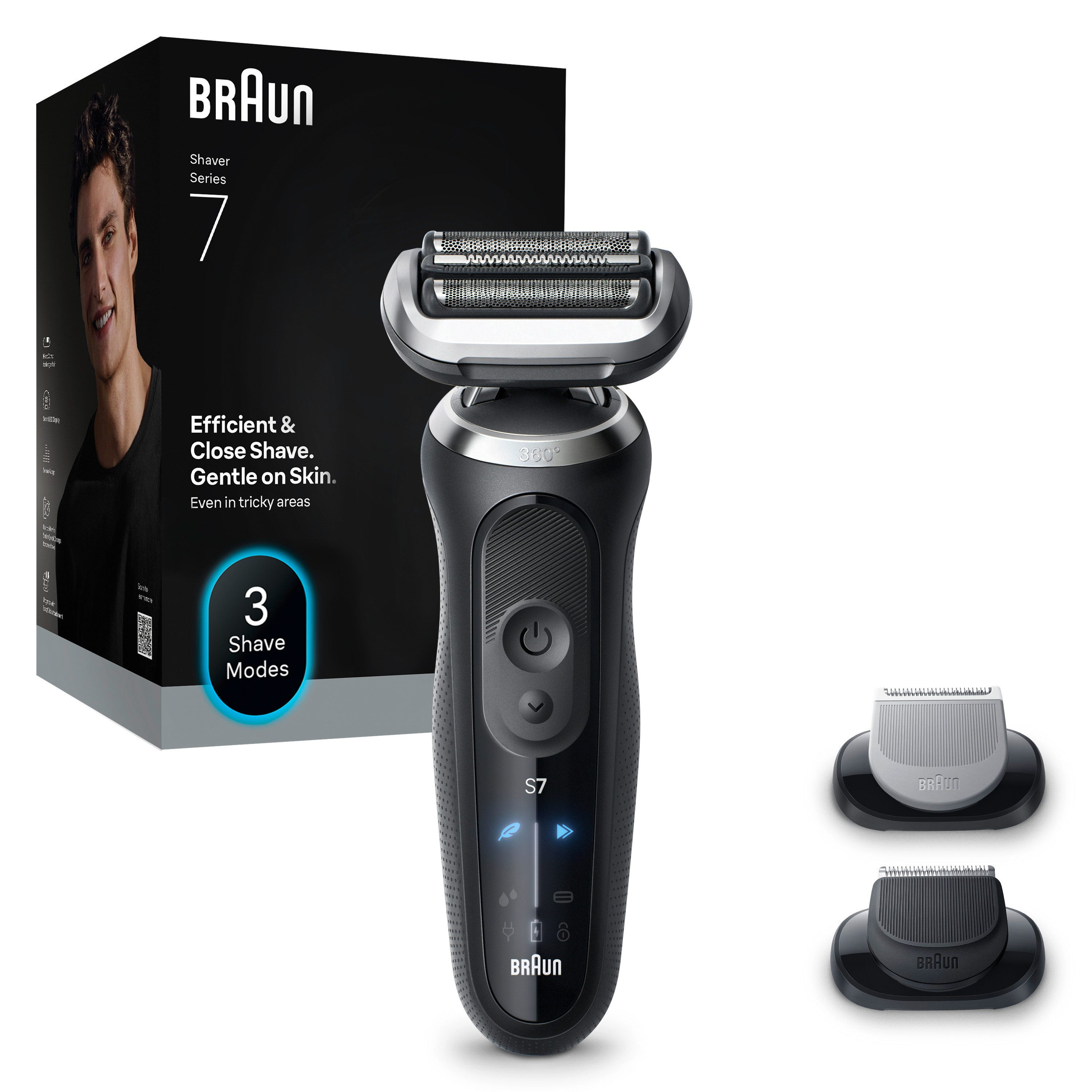 Braun Elektrorasierer Series 7 72-N1620s, Aufsätze: 2, Bis zu 60 Min Akku, +2 Aufsätze, 100% wasserdicht, Made in Germany schwarz