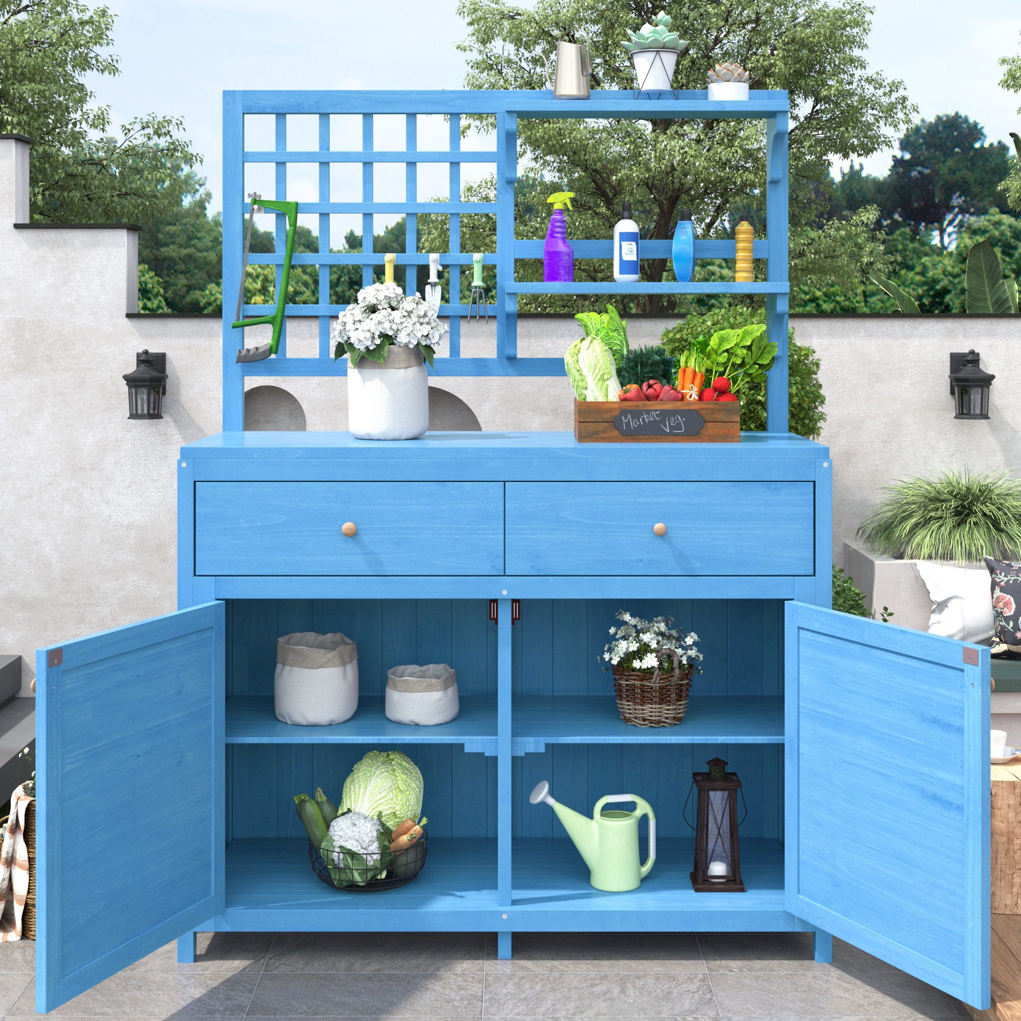 Gerätehaus Aus Holz 124x46x174cm - Gartenschrank In Blau Mit Regalen