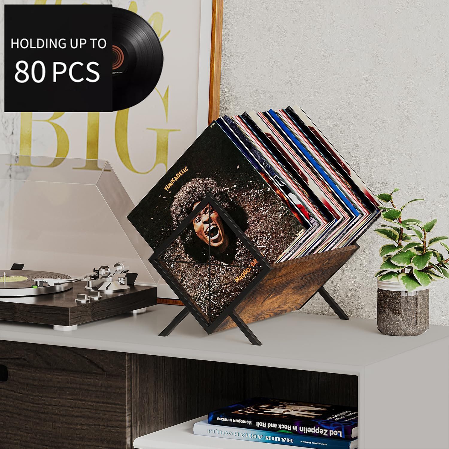 Refined Living Plattenständer Schallplatten Aufbewahrung Regal für 80–100 LPs, Vinyl Regal, LP Regal, 1 tlg., Schallplatten-Display,Schallplatten Zubehör,Retro  – Bild 3 von 5