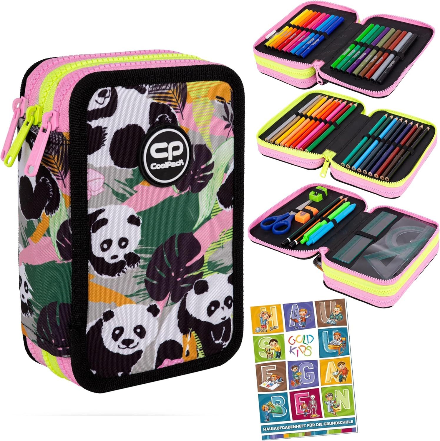 GOLDKIDS Federmäppchen 3 Fächer - Mäppchen für Mädchen und Jungen -, (Federmappe 3-Fach Federtasche, 1-tlg., Gefüllte Schüleretui 46-teilig), Schulmäppchen und Hausaufgabenheft - Panda Motiv