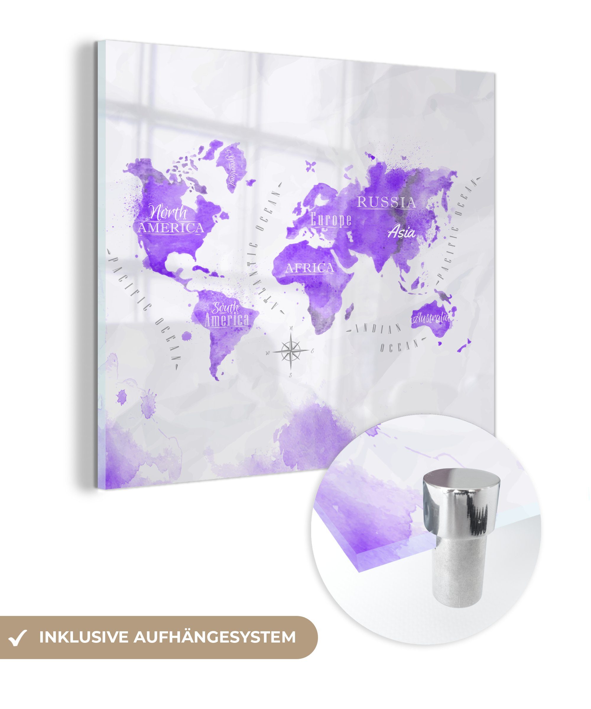 MuchoWow Acrylglasbild Weltkarten - Ölfarbe - Violett, (1 St), Glasbilder - Bilder auf Glas Wandbild - Foto auf Glas - Wanddekoration