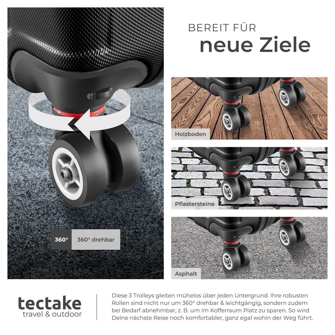 tectake Trolley Hartschalenkoffer-Set, 4 Rollen, 3-teilig, aus robustem ABS-Kunststoff