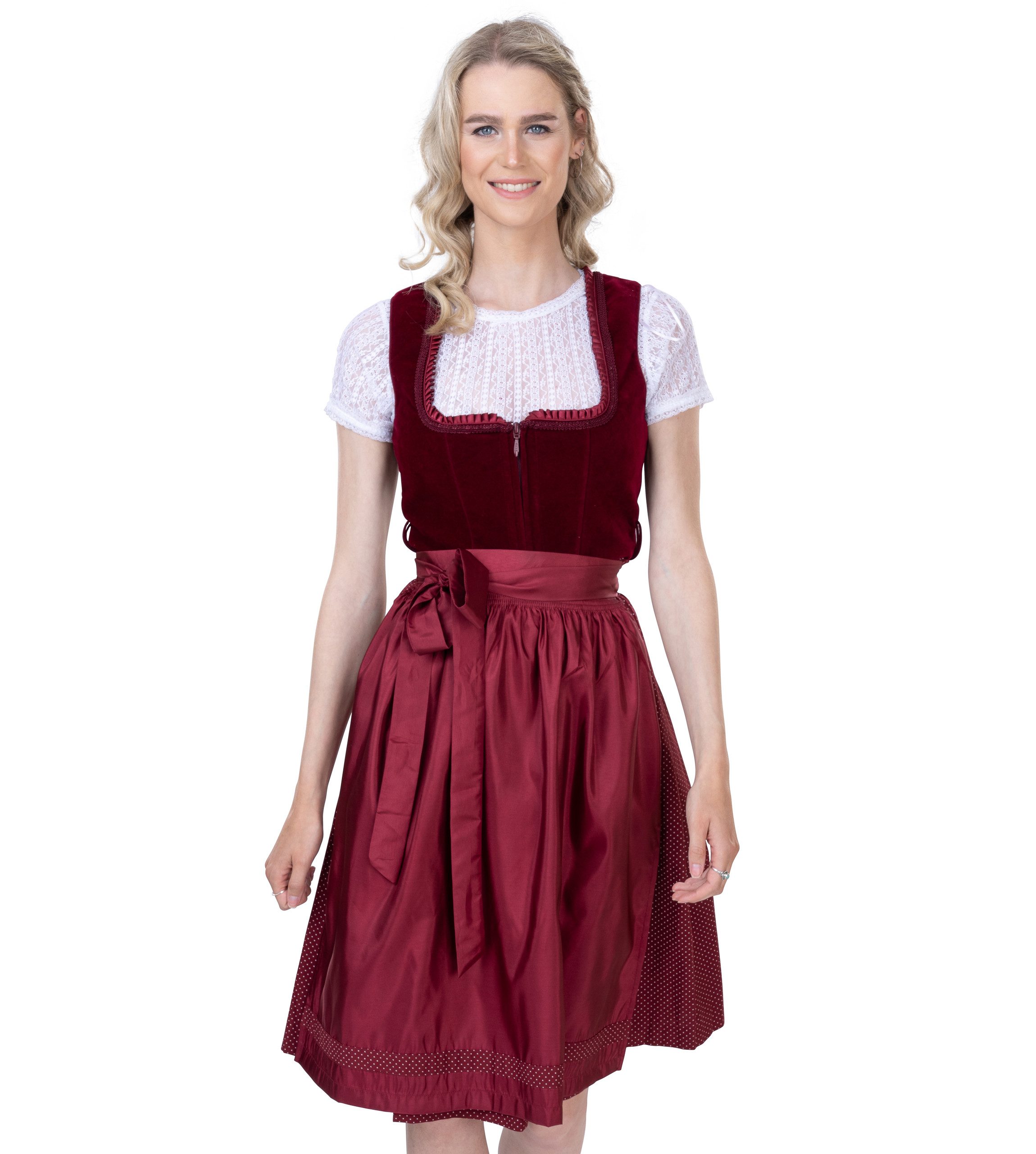 Schöneberger Trachten Couture Dirndl Damen Samt-Dirndl Bordeaux rot mit Schürze – Dirndl fürs Oktoberfest Samt Dirndl mit Froschgoscherl Rüsche und Plissee-Rüschen