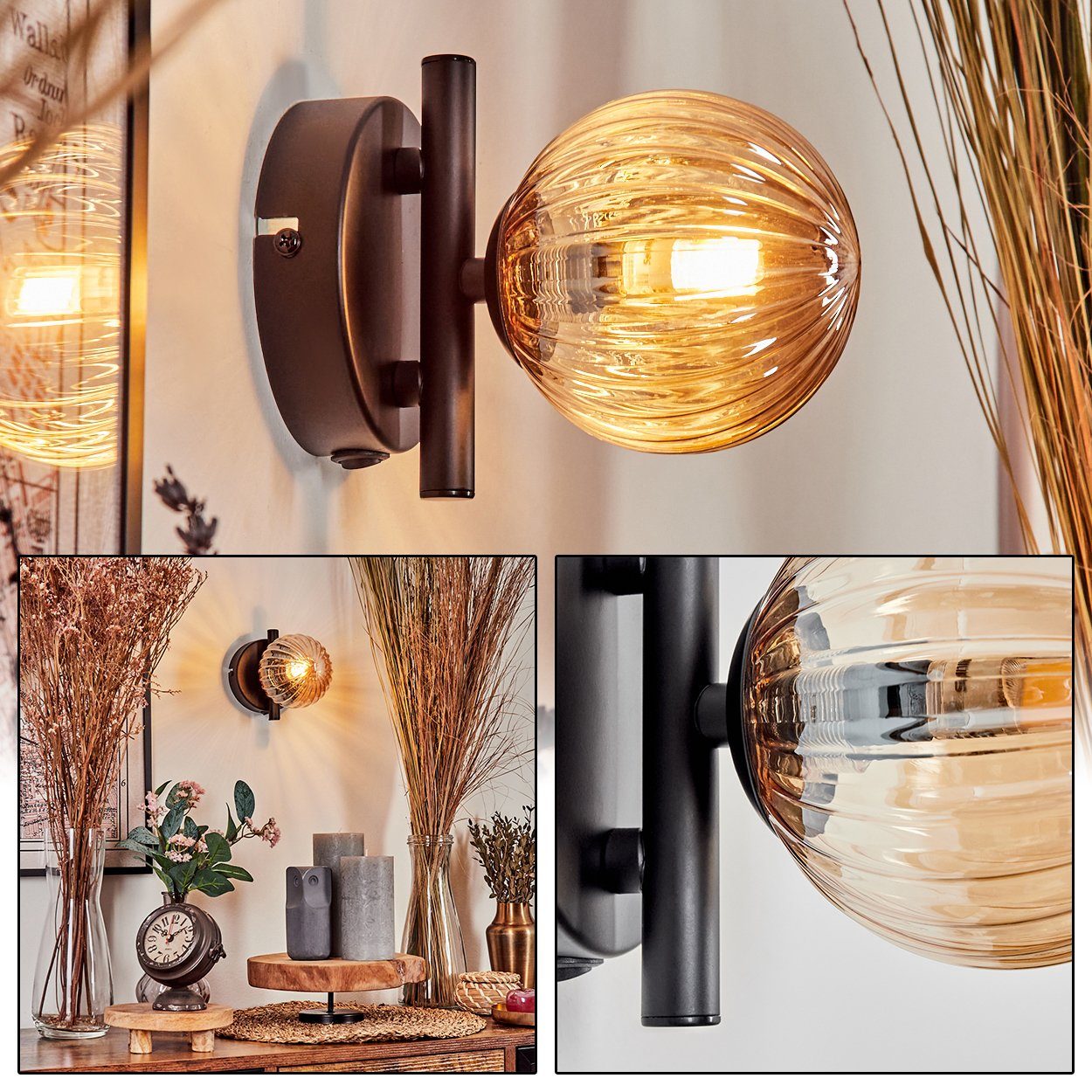 hofstein Wandleuchte Wandlampe aus Metall/Riffelglas in günstig online kaufen