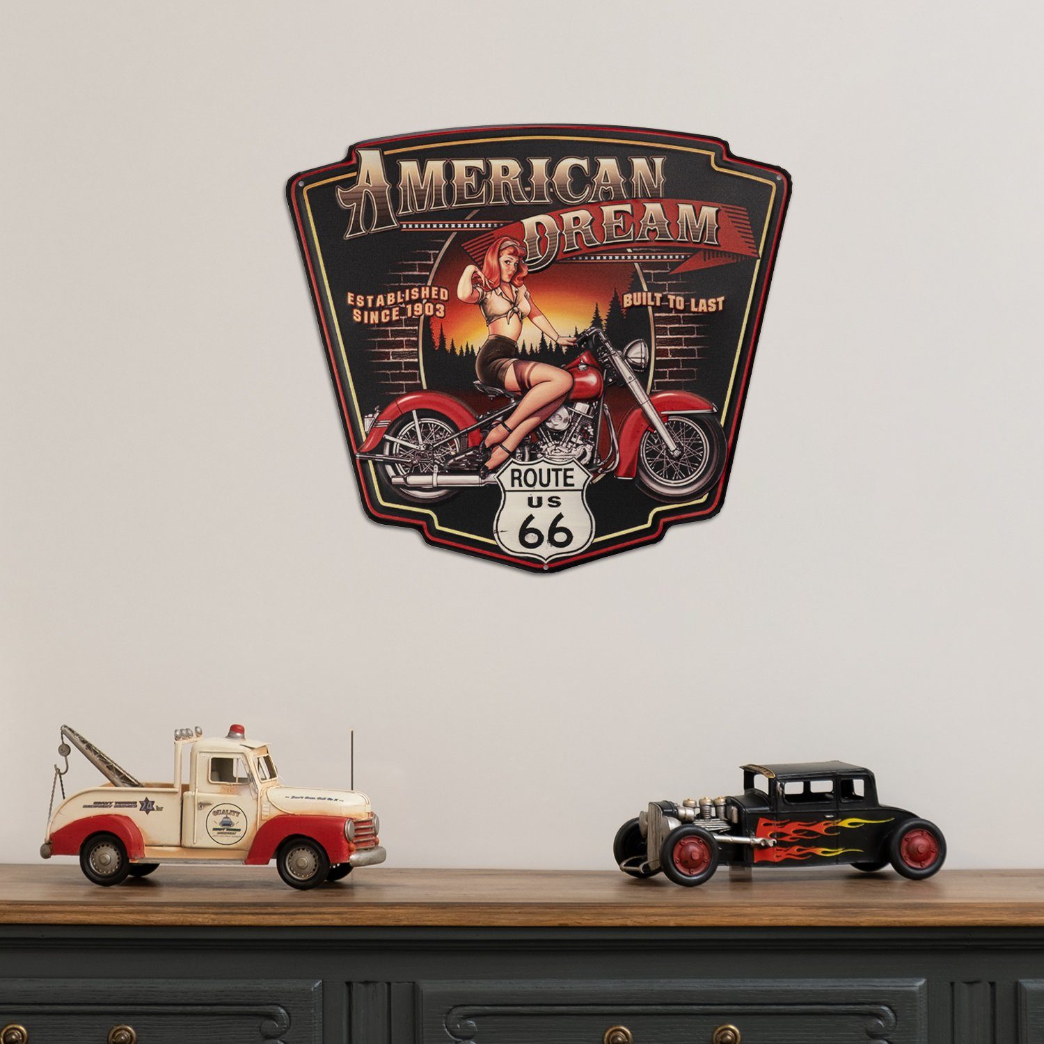 Moritz Metallschild American Dream Route 66 US Motorrad Frau, Vintage Retro Deko Schild Metallschild Wandbild Schild