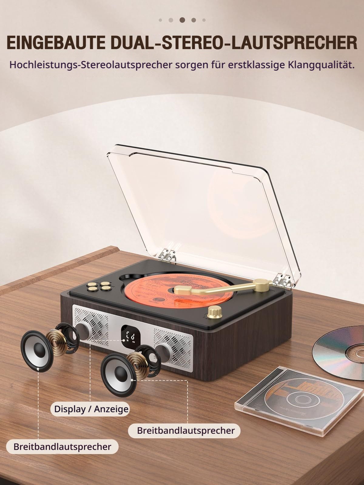 Tekoo Tragbarer CD-Player Bluetooth 5.4, 3600mAh Akku, USB & AUX, Holzoptik CD-Player (Bluetooth, Retro-Design, USB-Aufnahme, Optischer Ausgang, Stereo-Lautsprecher)