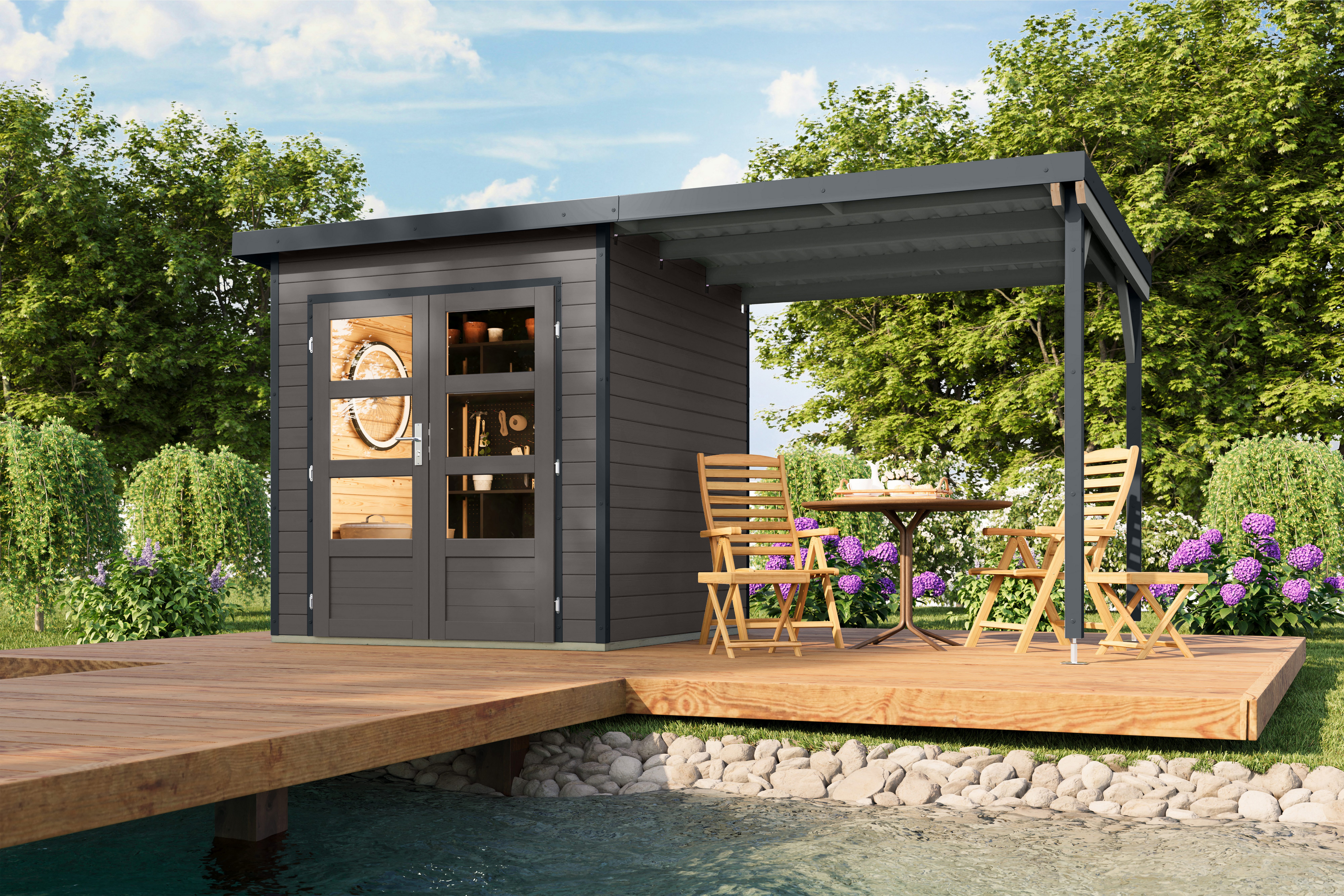 Karibu Gartenhaus Plutino 1 SET, in verschiedenen Farben, BxT: 447x228 cm, (Set), inkl. Anbaudach