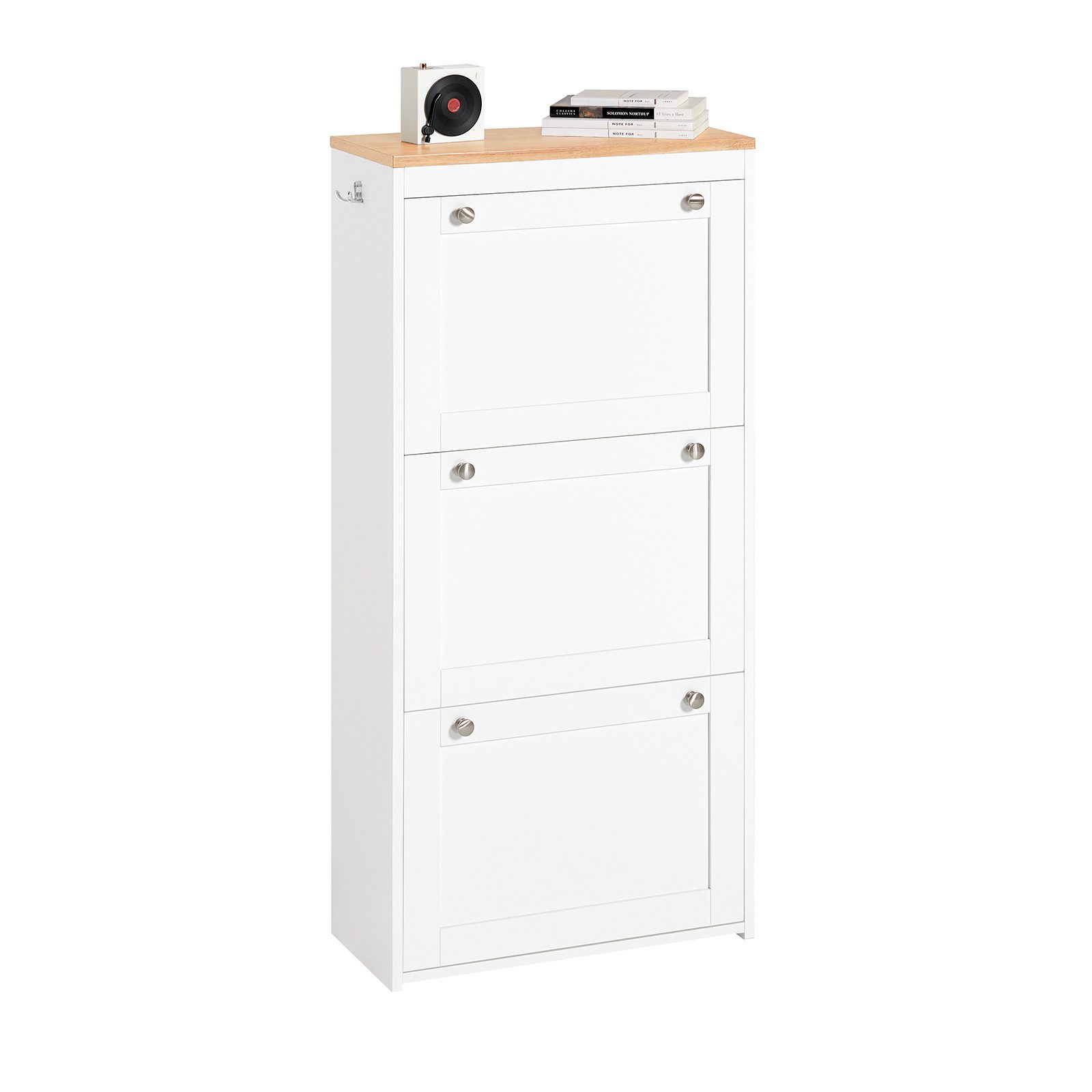 SoBuy Schuhschrank FSR144 Schuhkipper mit 3 Klappen Schuhablage Schuhkommode mit 2 Haken Weiß
