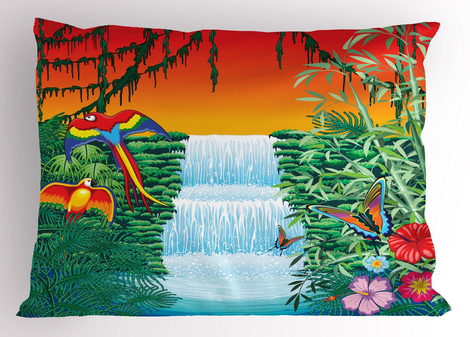 Kissenbezüge Dekorativer Standard King Size Gedruckter Kissenbezug, Abakuhaus (1 Stück), Exotisch Tropische Papageien Wasserfall