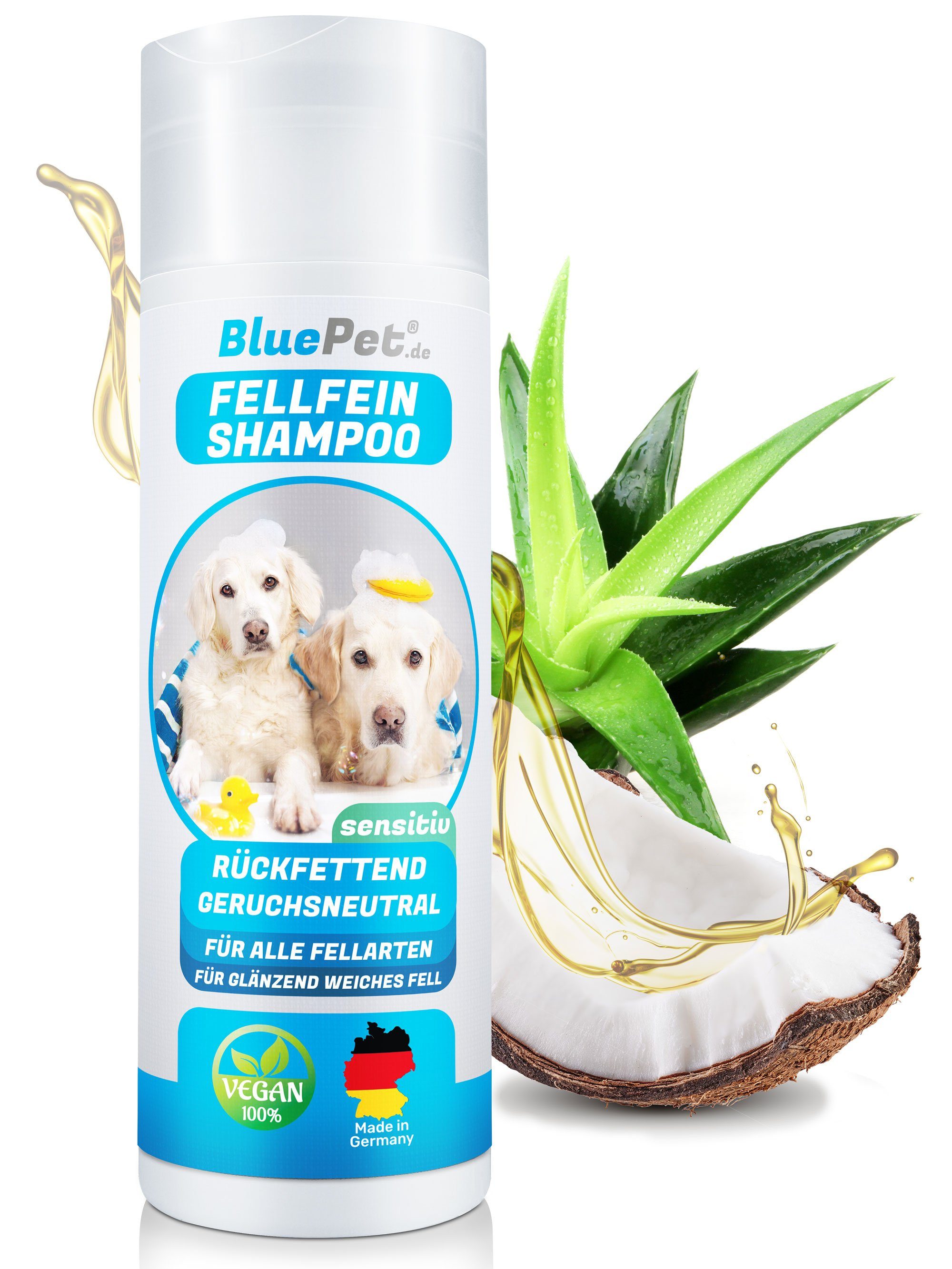BluePet Tiershampoo "FellFein" Hundeshampoo Sensitiv, 200 ml, 100% vegan,  Made in Germany, ohne Duftstoffe/Silikone/Farbstoffe