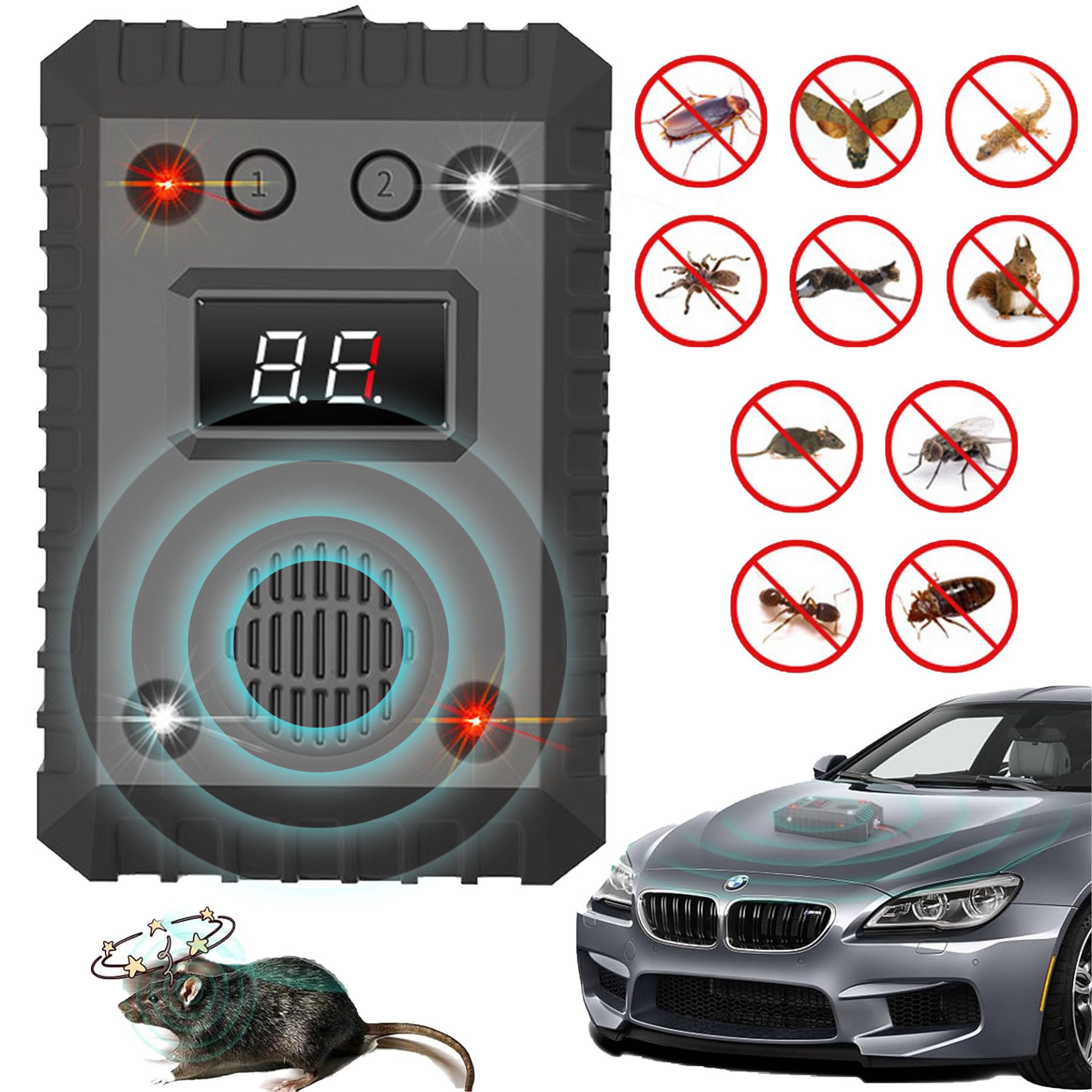 Senmudi Ultraschall-Tierabwehr Ultraschall Schädlingsbekämpfer, Auto-Innenraum 2-in-1 Tiervertreiber, Frequenzumwandlung Ultraschallwelle, zeitgesteuerter Alarmton, Autobatterie für das Auto, USB-Ladeanschluss für den Innenbereich, kann Ratten, Kakerlaken und andere Tiere abwehren