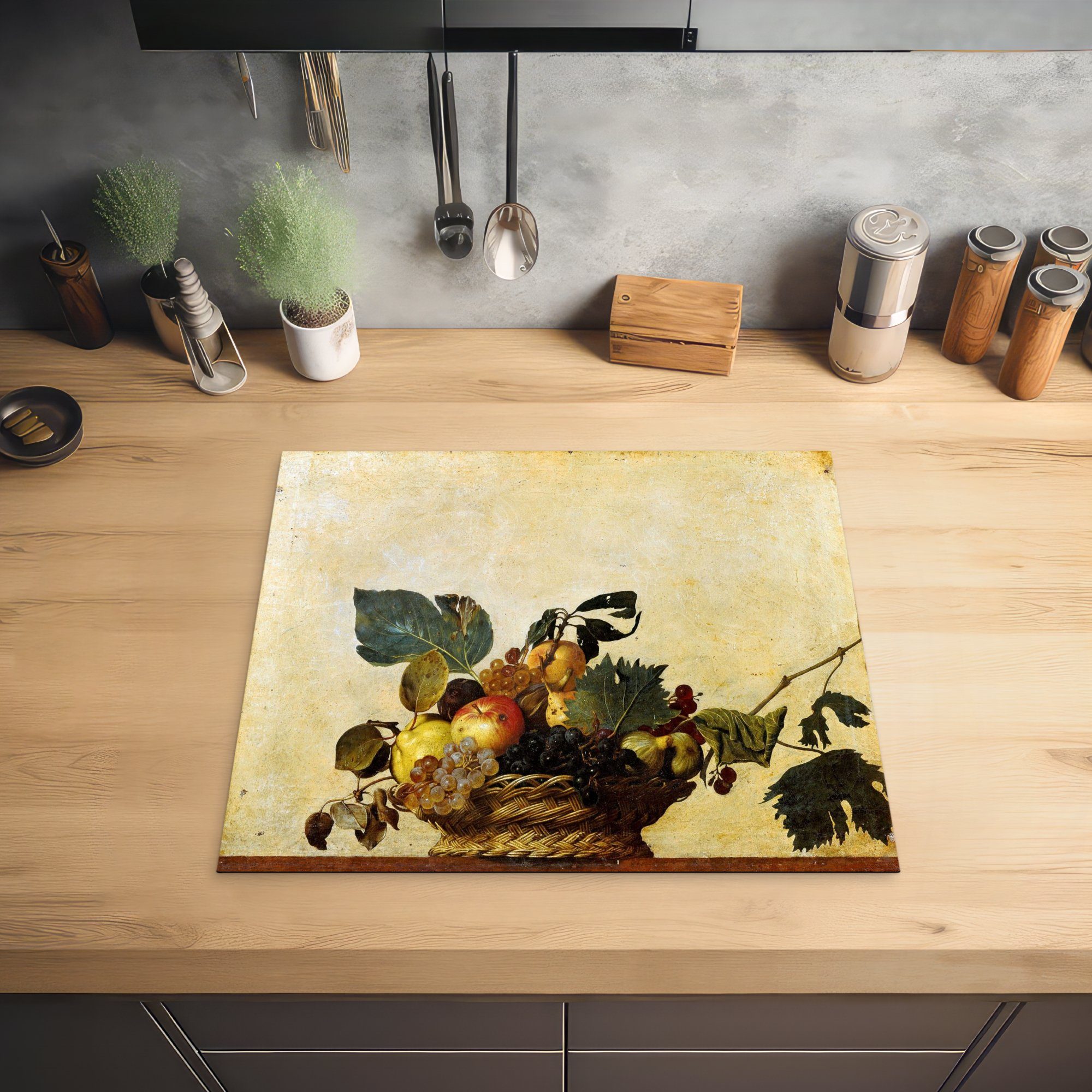 Caravaggio, Arbeitsfläche (1 cm, Mobile tlg), 60x52 Ceranfeldabdeckung Obstkorb Herdblende-/Abdeckplatte Gemälde MuchoWow nutzbar, Vinyl, - von