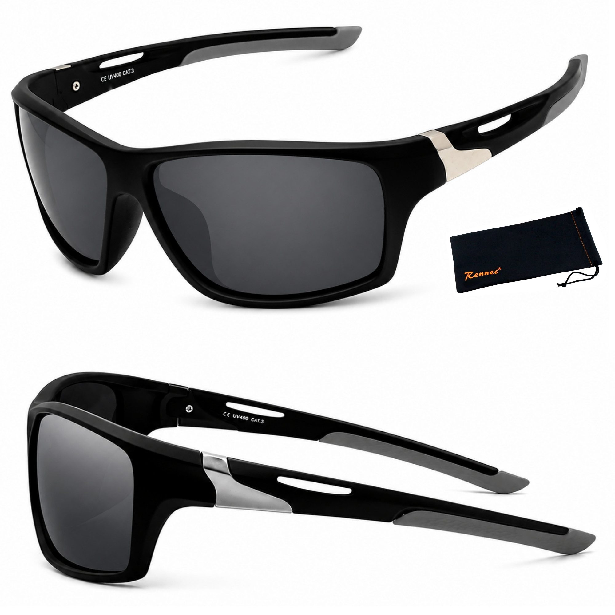 Rennec Sonnenbrille Herren Sportbrille Radbrille Polarisiert mit Outdoor Hardcase Gläser Schwarz Getönt, Rot oder Blau Verspiegelt, Gelb Night Vision