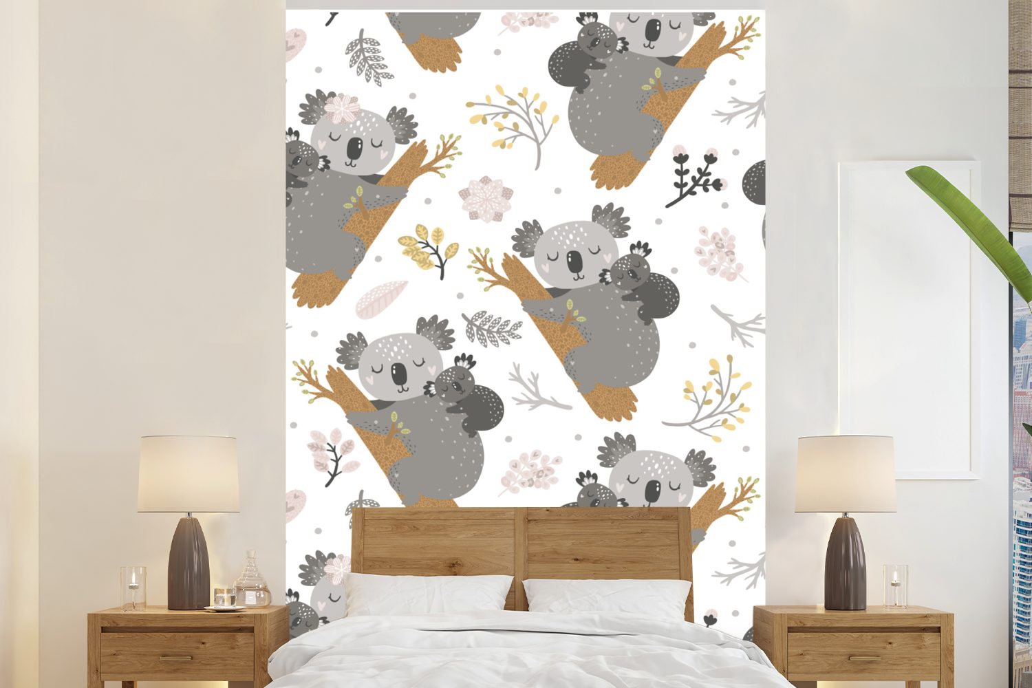 MuchoWow Fototapete Muster - Koala - Schlafen, Matt, bedruckt, (3 St), Montagefertig Vinyl Tapete für Wohnzimmer, Wandtapete
