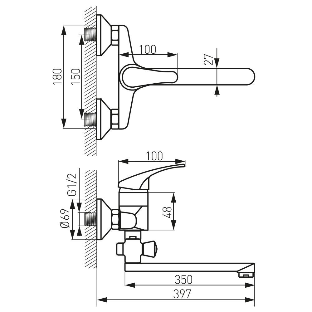 Ferro Wannenarmatur Basic Badewannenarmatur, langer Brauseanschluss Schwenkauslauf, cm 35 Chrom