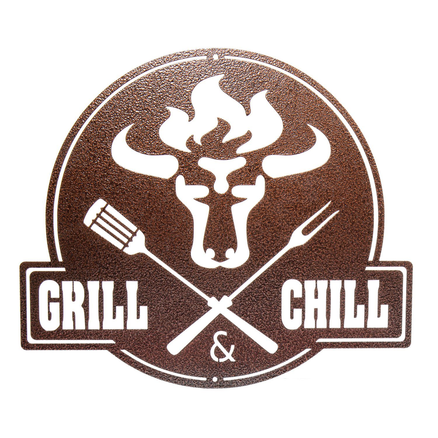 teileplus24 Wanddekoobjekt CG02 Gartenschild Grill Schild Metallschild BBQ Stier Grill & Chill BBQ Kupfer Antik
