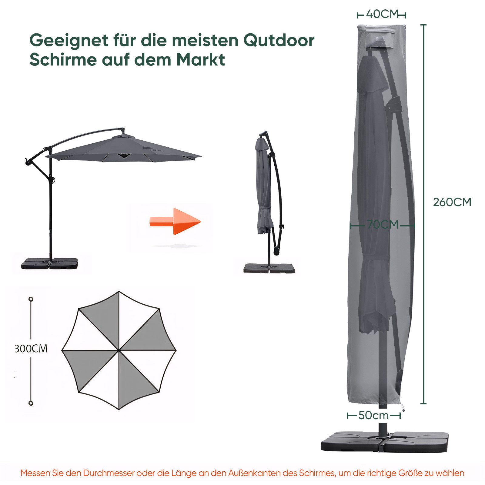 Sekey Sonnenschirm-Schutzhülle für Ampelschirm 3m Cover Abdeckung Plane mit Stab und Reißverschluss, aus 600D Oxford, Winterfest, Wasserabweisend, UV Schutz Abdeckhauben