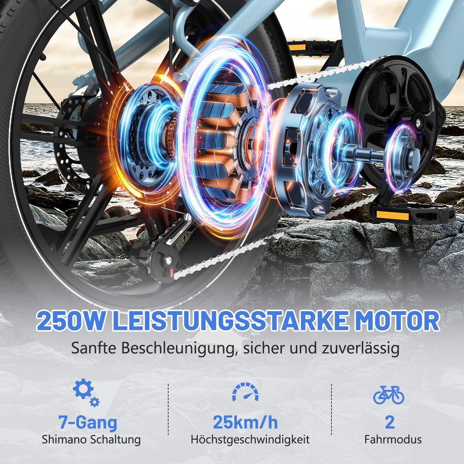ECORUSH E-Bike Mountainbike Elektrofahrrad 20*4,0 Zoll Pedelec StVZO mit 15,6Ah Akku Max 70-120km, 7 Gang shimano shimano Schaltwerk, Kettenschaltung, Heckmotor, 748,8 Wh, Damen/Herren E-Mountainbike mit Pumpe, Schloss