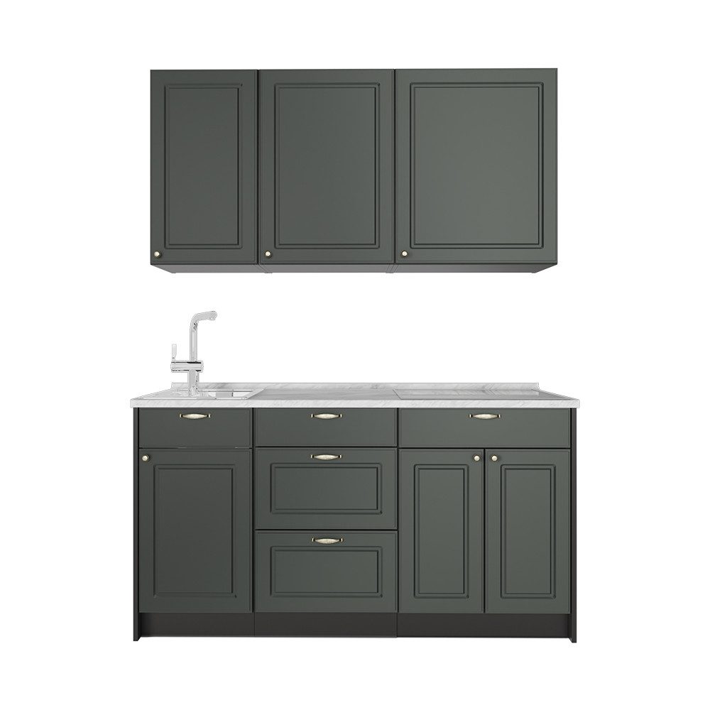 Vicco Küchenzeile Fame-Line, Grün-Gold Landhaus/Anthrazit, 150 cm, AP Marmor