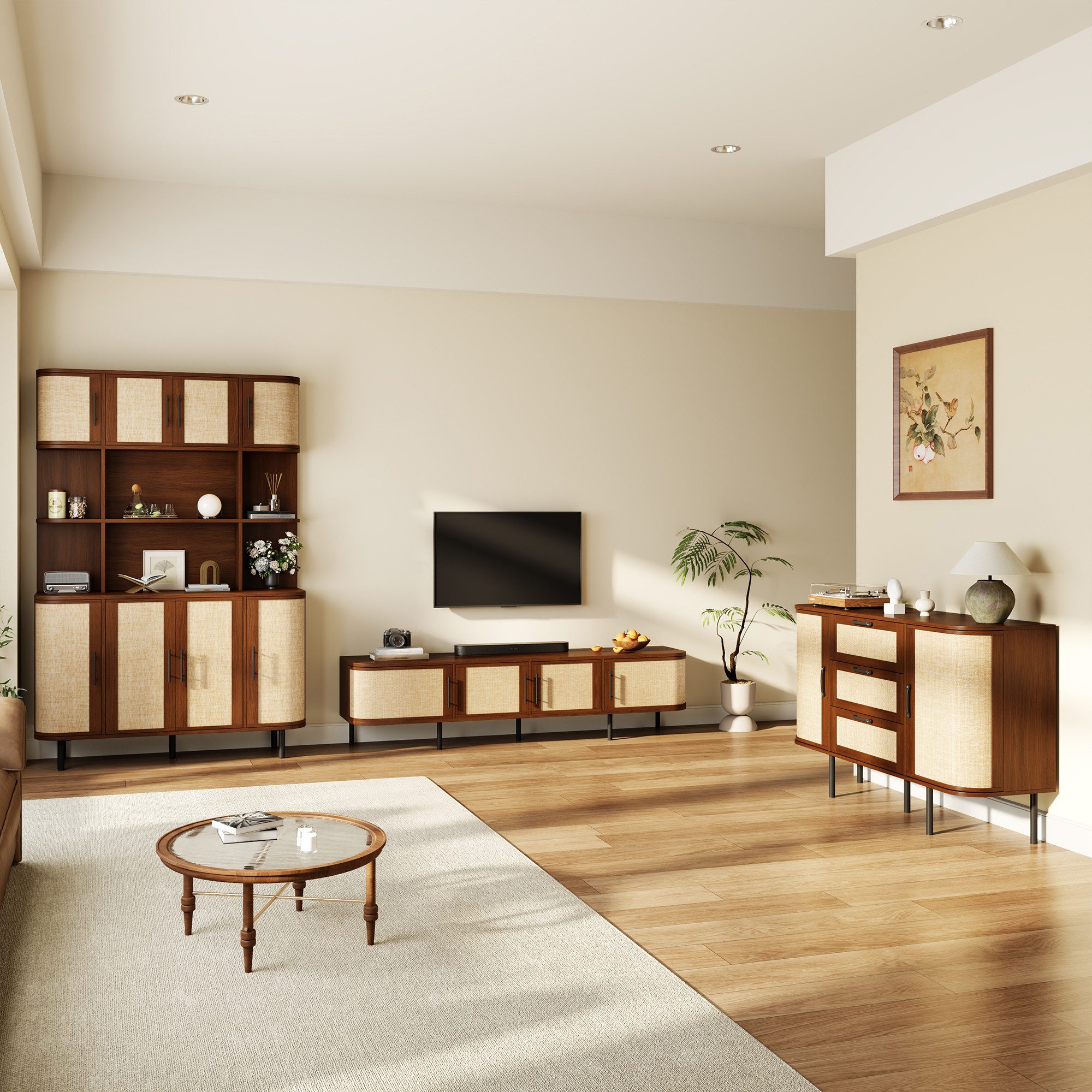 Merax Wohnzimmer-Set 3-teilig Esszimmer Möbel Set mit TV Lowboard, Sideboard & Hochschrank, (3-St), Wohnzimmerset mit Geflechtfront, schwarzen Griffen, Metallfüßen