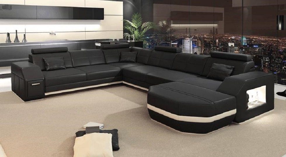JVmoebel Ecksofa Ecksofa Ledersofa Big xxl U Form Wohnlandschaft Sofa Couch Ecke, Made in Europe Schwarz/Beige