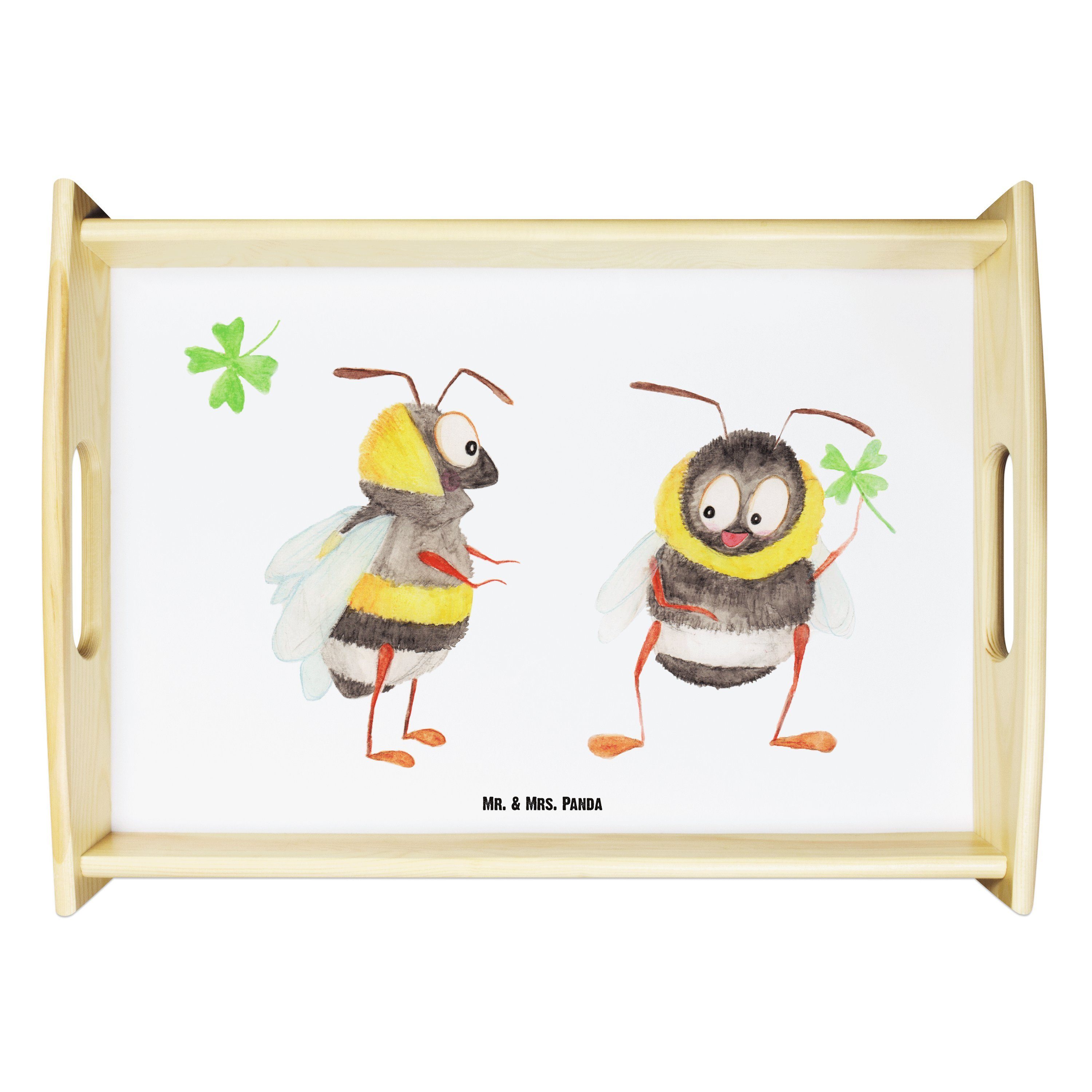 Mr. & Mrs. Panda Tablett Hummeln mit Kleeblatt - Weiß - Geschenk, Holztablett, Küchentablett, Echtholz lasiert, (1-tlg)