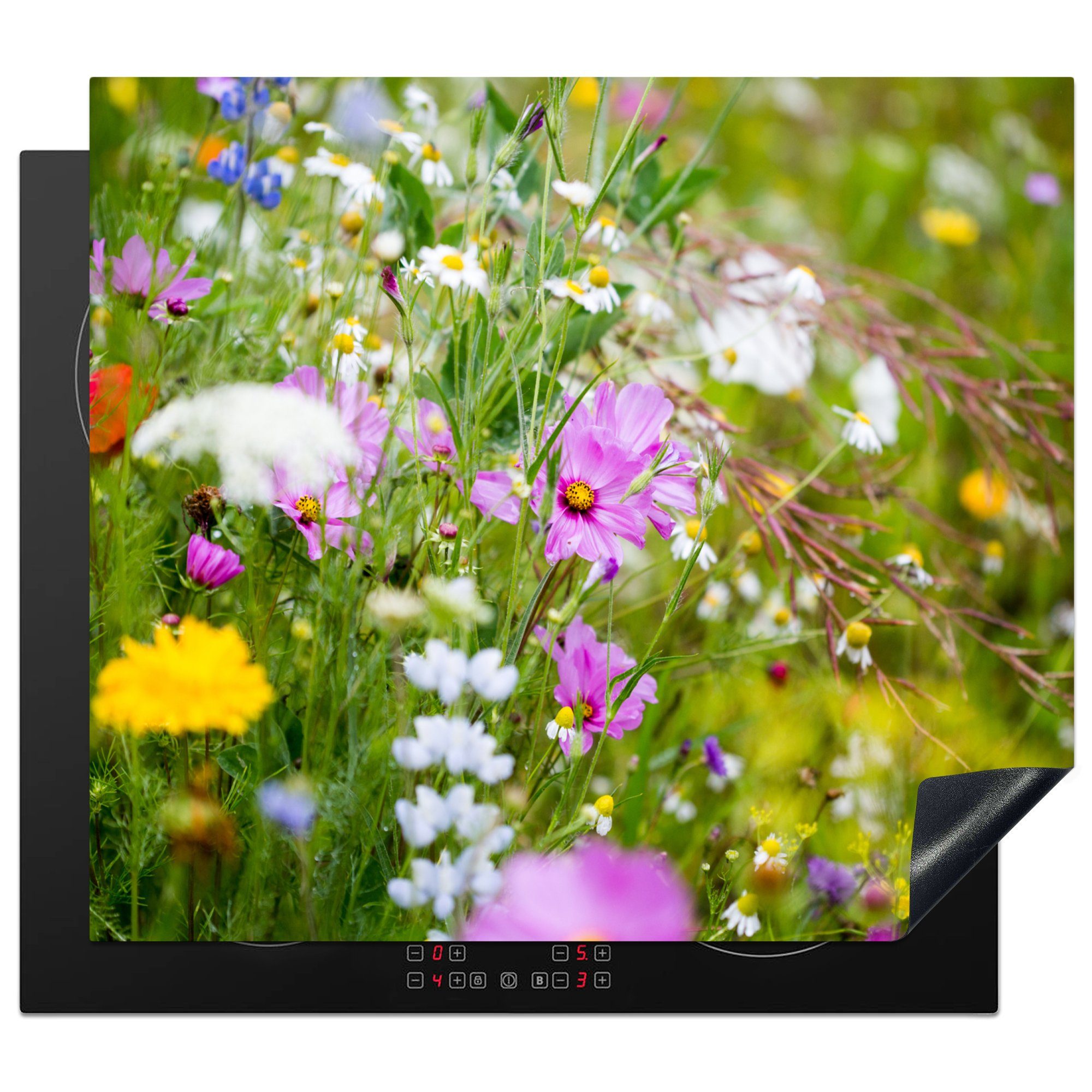 MuchoWow Herdblende-/Abdeckplatte Blumen - Natur - Grün - Gras - Lila - Weiß, Vinyl, (1 tlg), 57x51 cm, Induktionsschutz, Induktionskochfeld, Ceranfeldabdeckung
