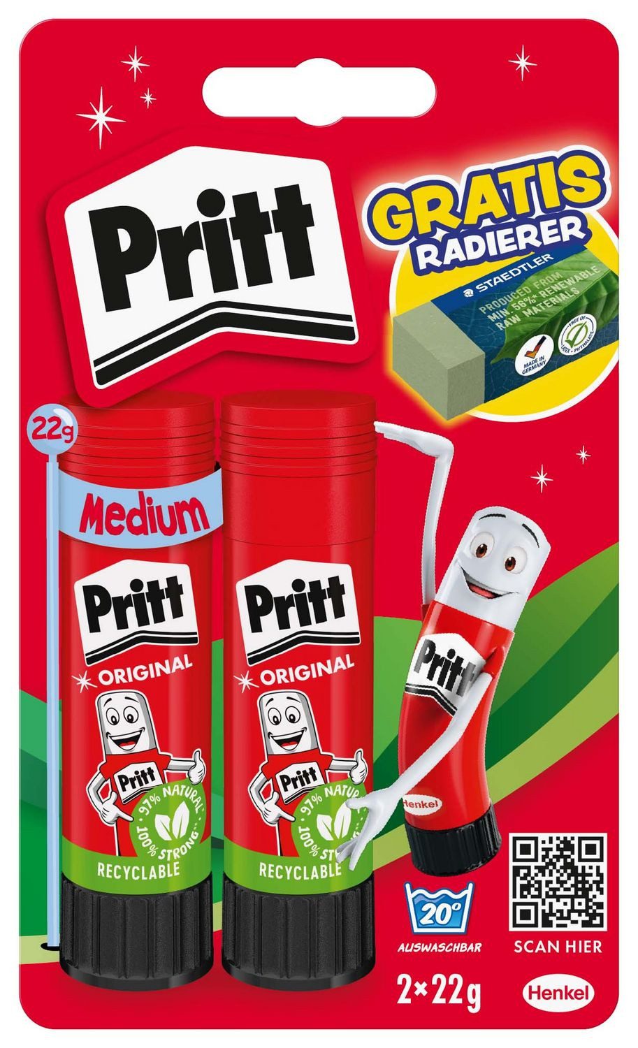Notizbuch Pritt Original Klebestift, 222g, + Radierer gratis, Blisterkarte