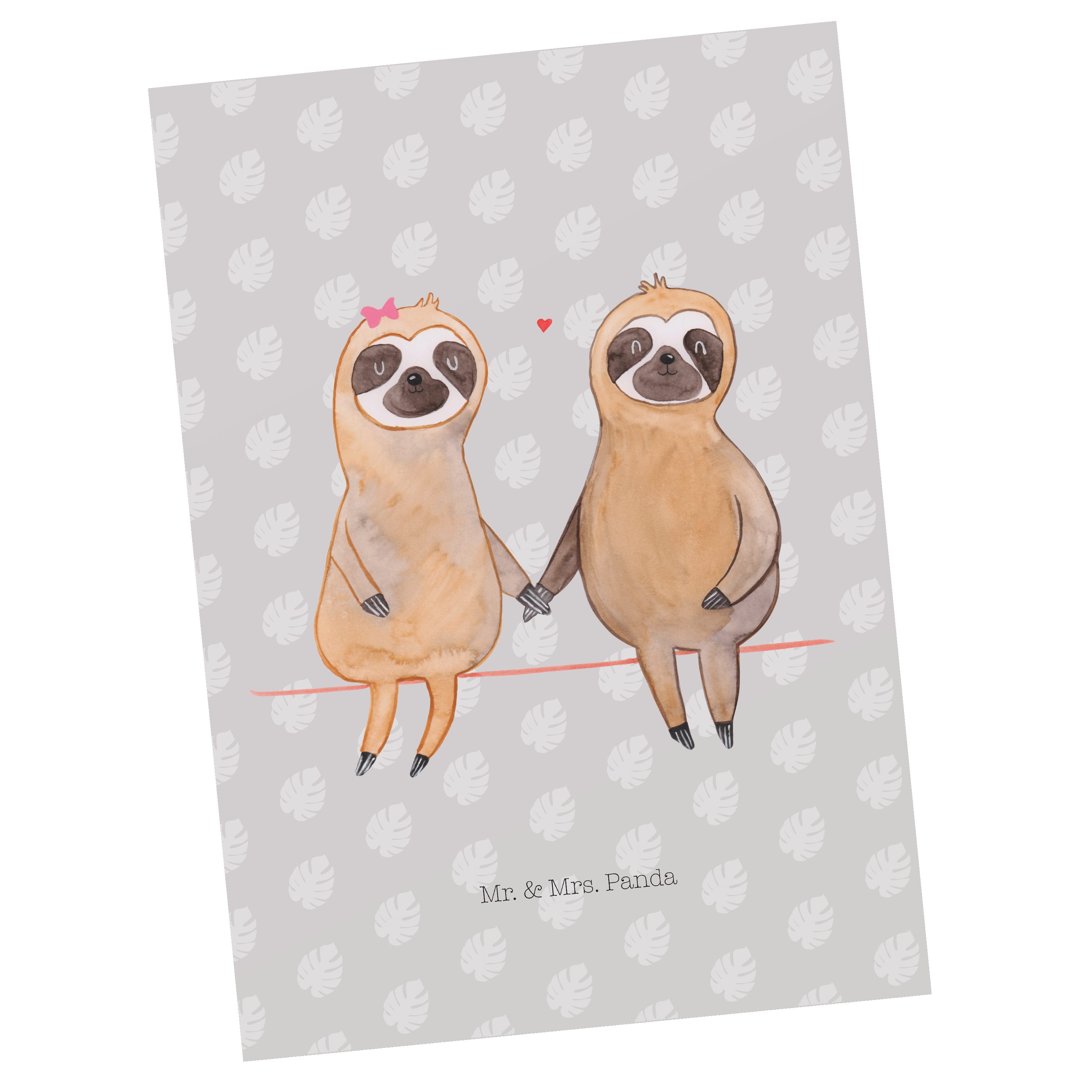 Geschenk, Ansichtskarte Pärchen Postkarte verliebt, Grau - Mr. Panda & Faultier - Mrs. Pastell