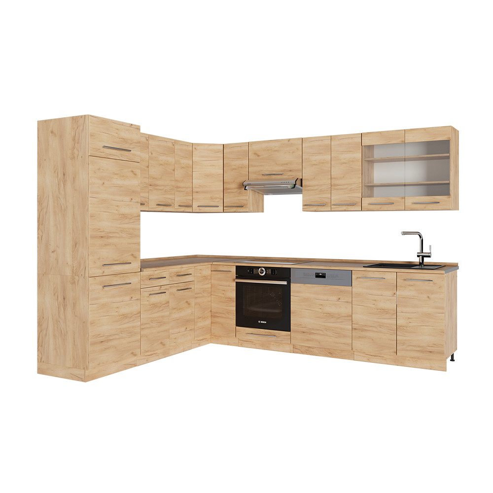 Vicco Winkelküche Fame-Line, Goldkraft Eiche/Goldkraft Eiche, 287 x 60 cm, AP Eiche