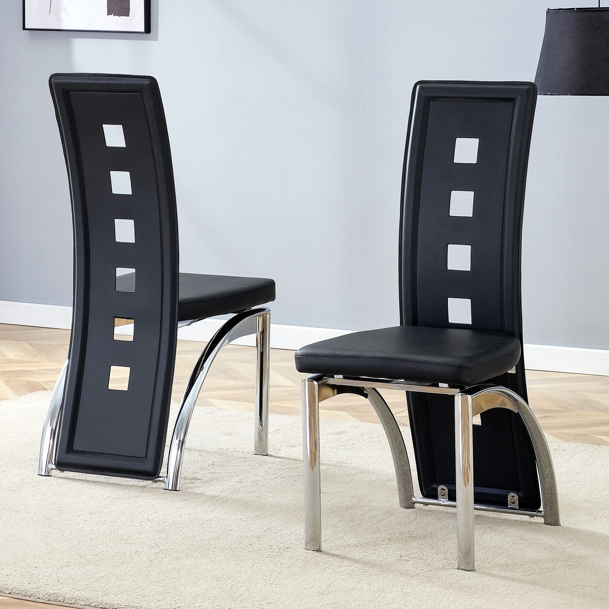 Odikalo Esszimmerstuhl Polsterstuhl Esszimmerstühle 2er-Set mit Rückenlehne (Europäische Design-Esszimmerstühle mit Lochmuster PU-Leder+Silberne Metallbeine 102,5 hoch für modernes Ess- oder Wohnzimmer)