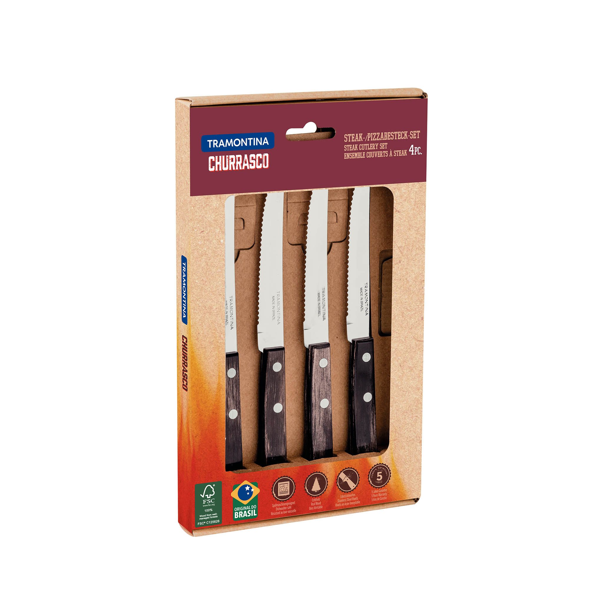 Tramontina Steakmesser Steak-/Pizzamesser Set für 4 Personen - mit Holzgriff (4 Stück), Echtholzgriff, Edelstahl AISI 420, spülmaschinenfest, rostfrei