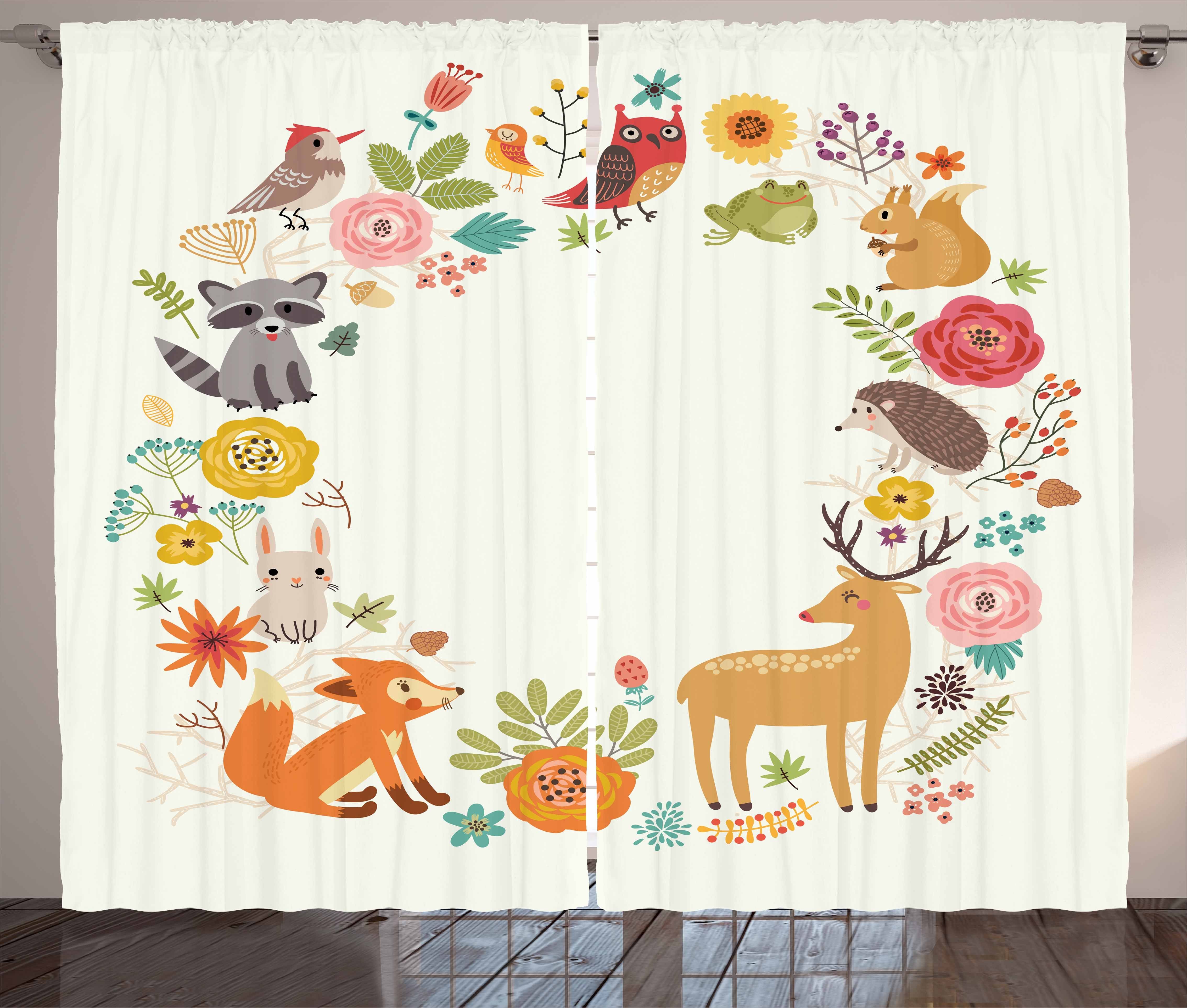 Gardine Schlafzimmer Kräuselband Vorhang mit Schlaufen und Haken, Abakuhaus, Wald Cartoon Tier-Muster