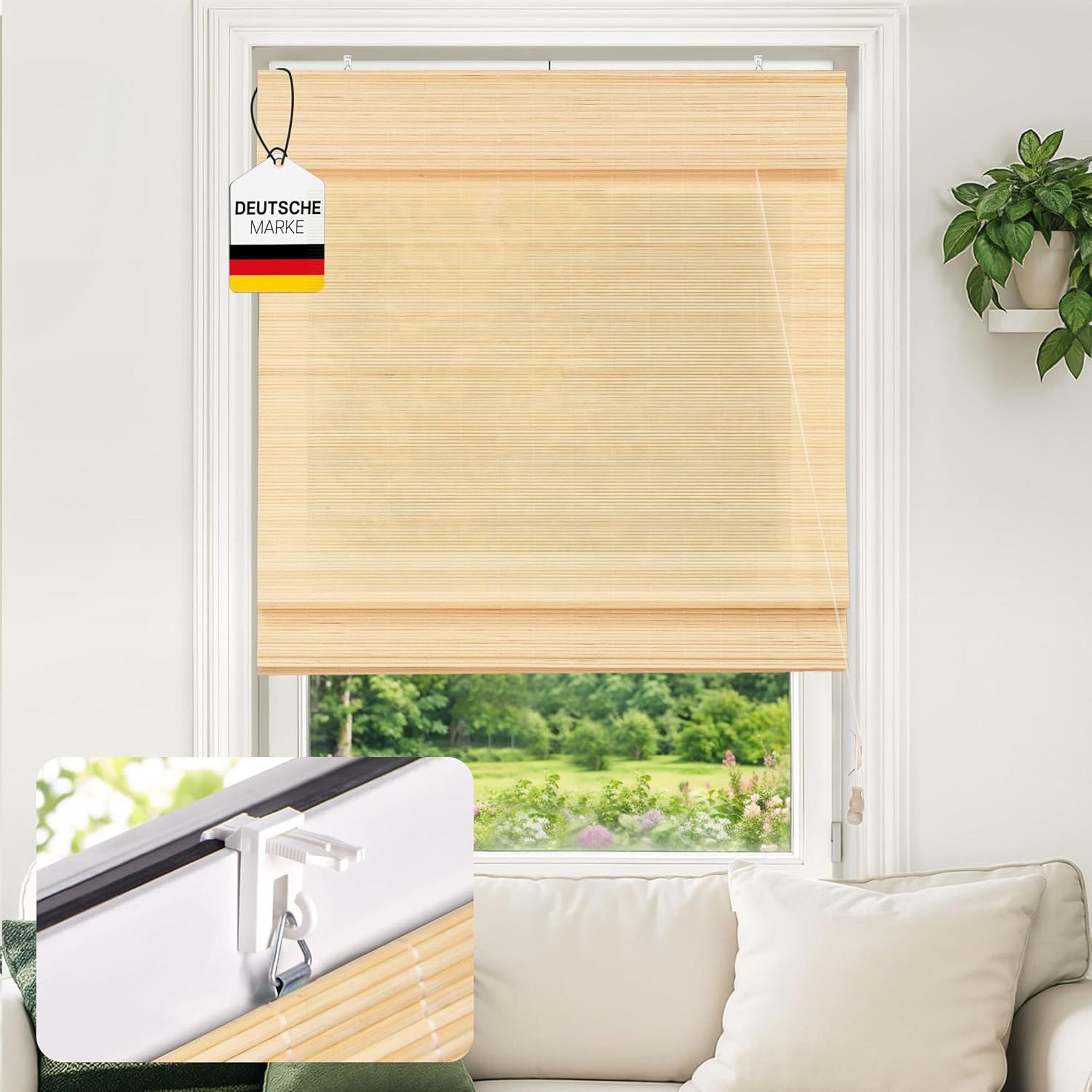 Victoria M. Raffrollo Bambus-Raffrollo Klemmfix, 100 x 130 cm, natur, ohne Bohren, freihängend, Klemmfix-Montage, Nachträglich anpassbar