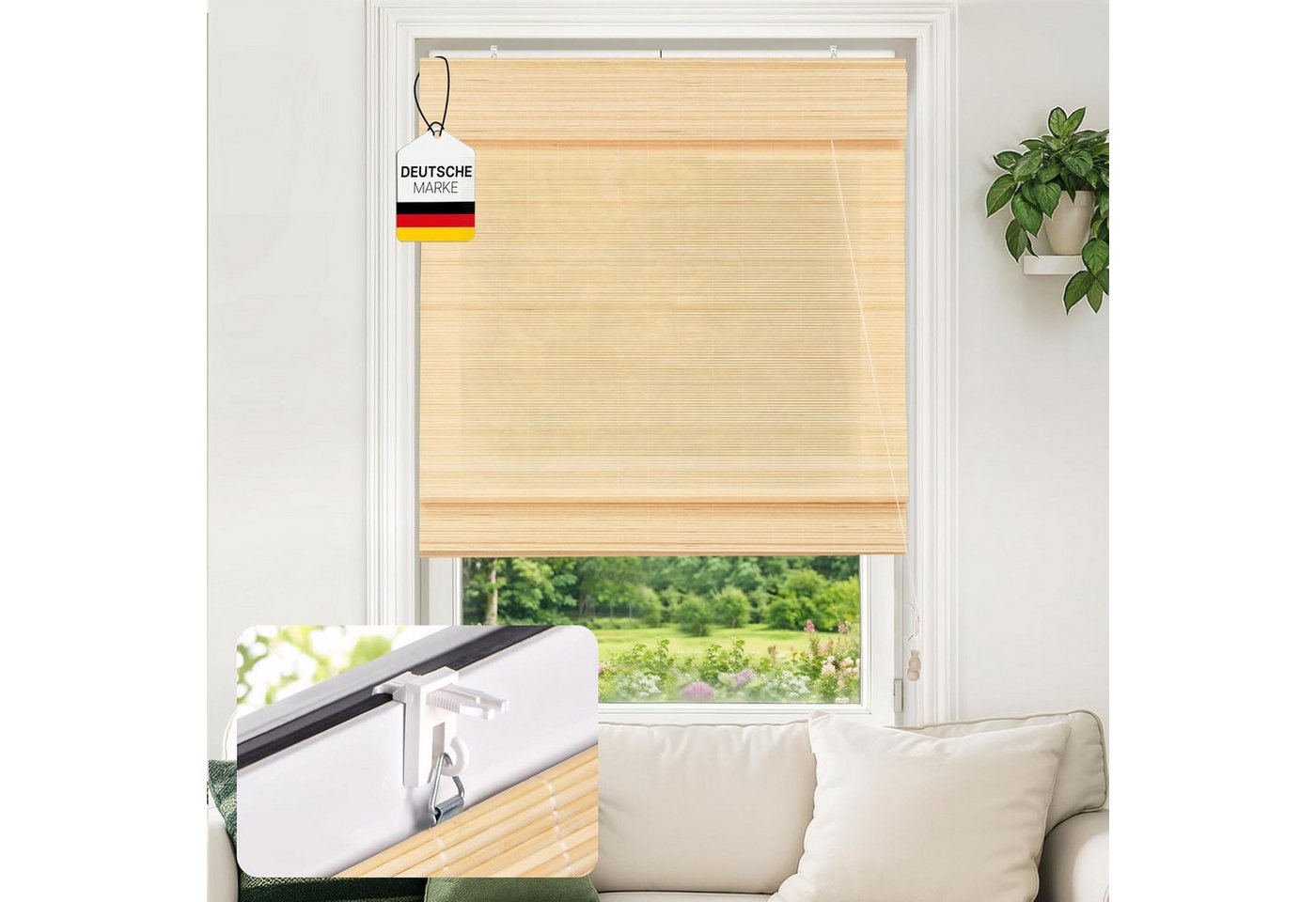 Victoria M. Raffrollo Bambus-Raffrollo Klemmfix, 50 x 130 cm, natur, ohne Bohren, freihängend, Klemmfix-Montage, Nachträglich anpassbar