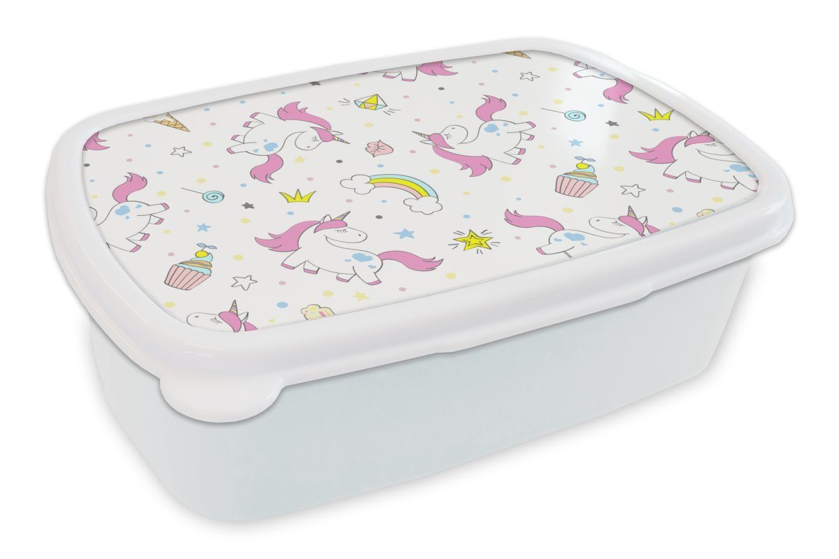 MuchoWow Lunchbox Einhorn - Regenbogen - Muster, Kunststoff, (2-tlg), Brotbox für Kinder und Erwachsene, Brotdose, für Jungs und Mädchen weiß