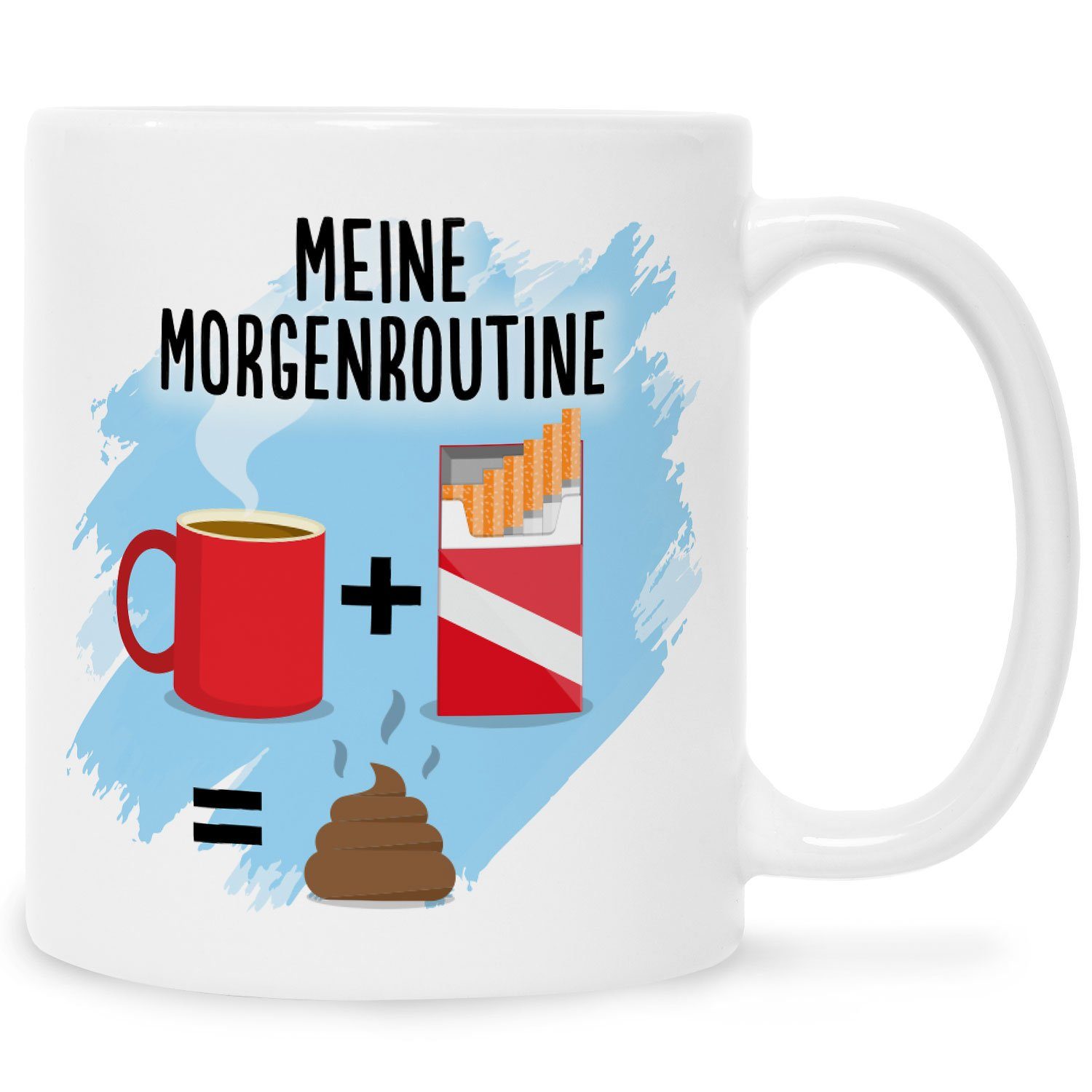GRAVURZEILE Tasse mit Spruch - meine Morgenroutine, Keramik, Farbe: Weiß